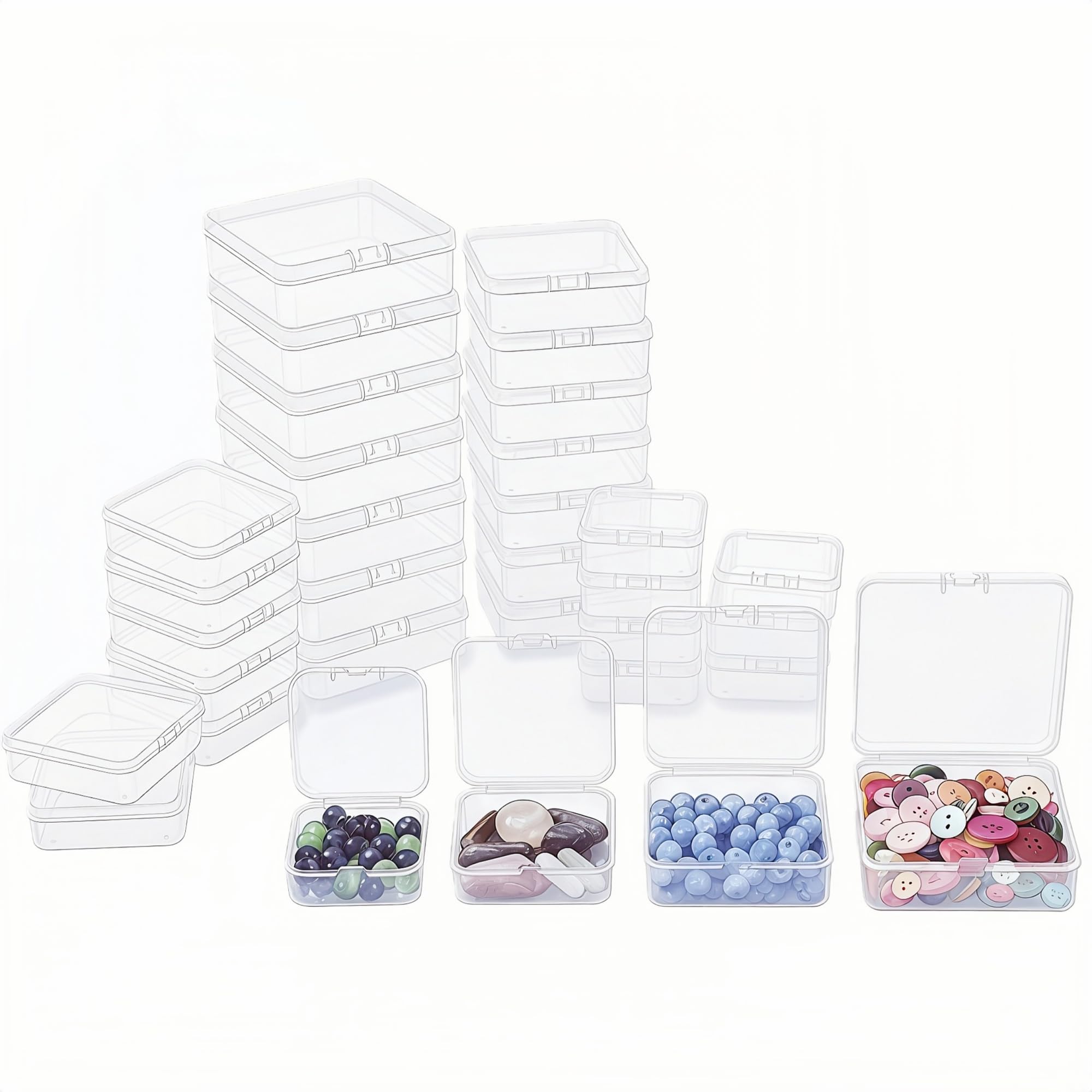 LJY 32 Pieces Mixed Sizes Square Empty Mini Clear Plastic Storage Containers Box Case with Lids for Small Items and Other Craft Projects