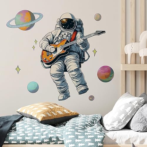 Miniatura 3 de RoyoLam Calcomanía de pared de astronauta con temática espacial, calcomanías de pared únicas de personajes caprichosos  Extraíble, impermeable y
