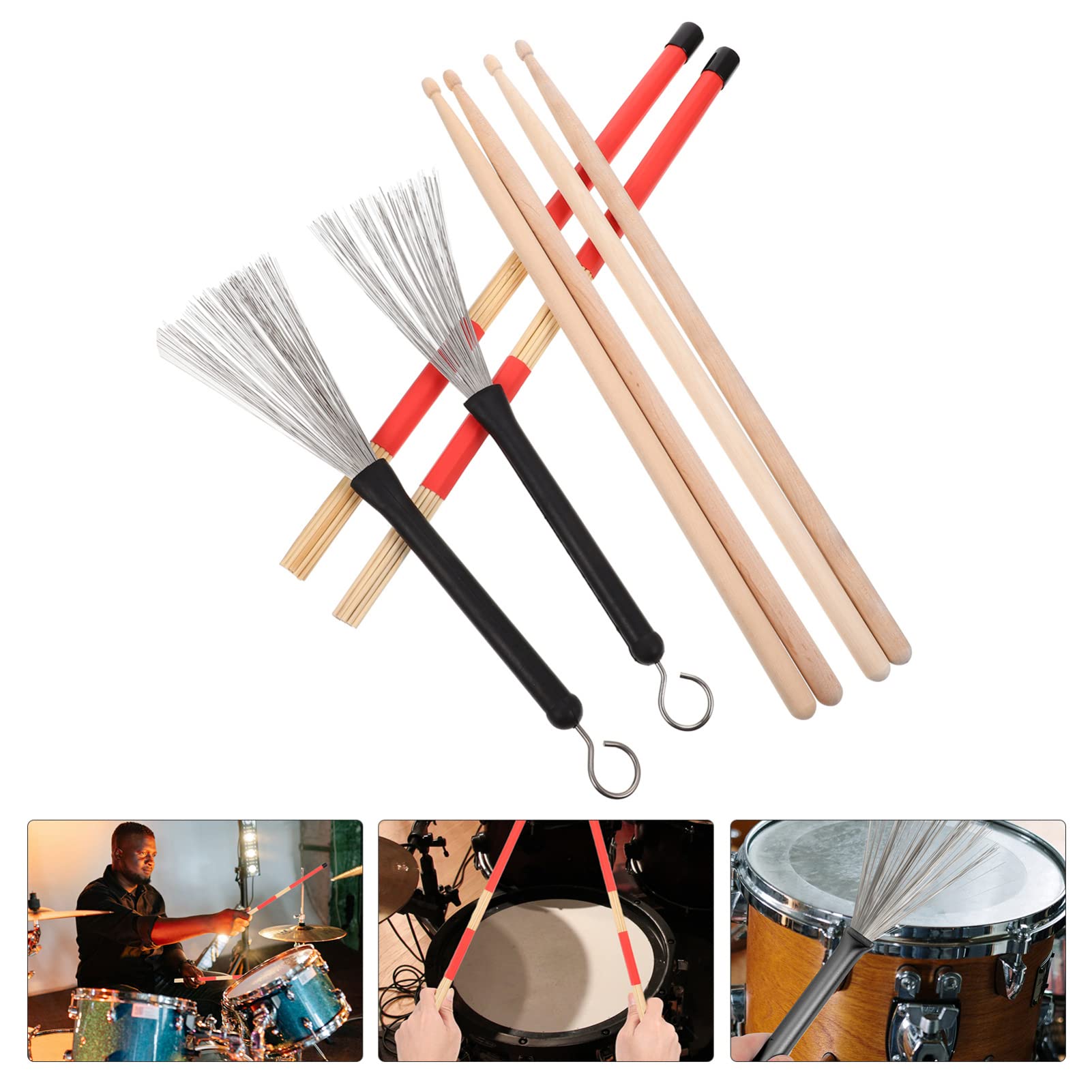 FRCOLOR Juego De Baquetas Para Batería 5a Con Cepillo De Alambre De Acero Para Batería Jazz, Color Rojo Con Funda De Tela Para Accesorios e Instrumentos Musicales, Adecuado Para Práctica y Escenarios