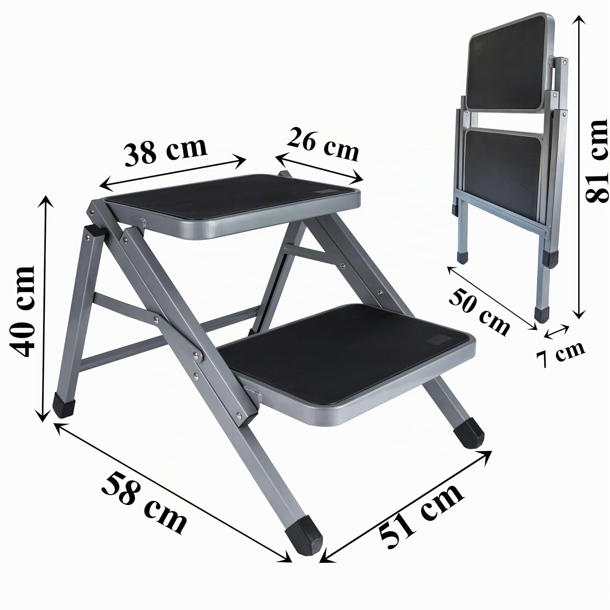 Marchepied pliable pour caravane - 2 marches - 51 x 58 x 40 cm - En acier - Charge maximale : 150 kg - Avec surface antidérapante - Pliable - Pour caravane, camping-car