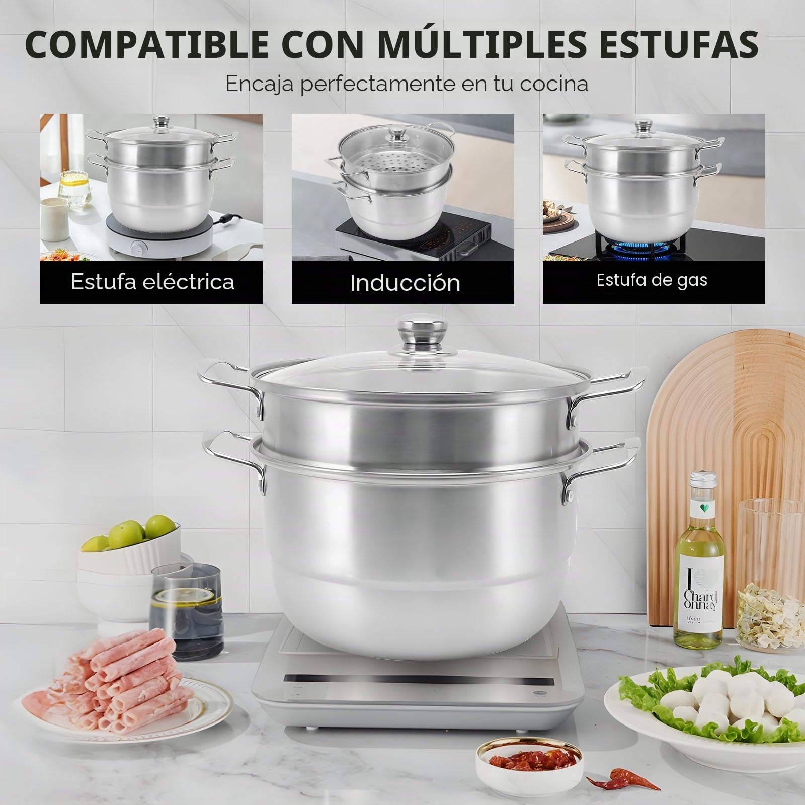 Vaporera de Acero Inoxidable 28cm, Olla de Cocción al Vapor con Tapa de Vidrio para Verduras Pescado Camarones Huevos (Tres capas)