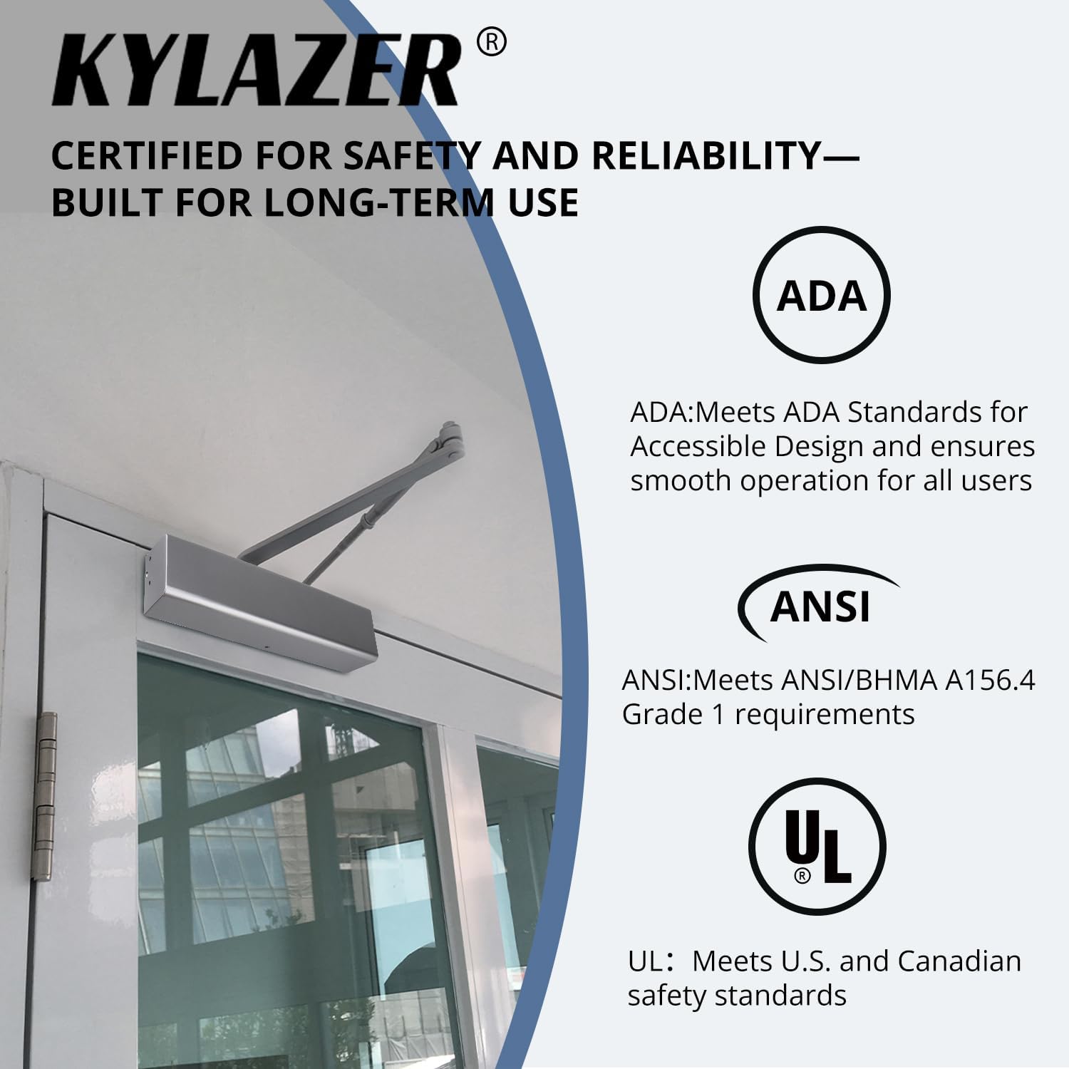 Commercial Automatic Door Closer，Grade 1 Heavy Duty Hydraulic Self Closing Door Hinge,Spring Adjustable from Size 1 to 6，Surface Mounting，ADA,UL