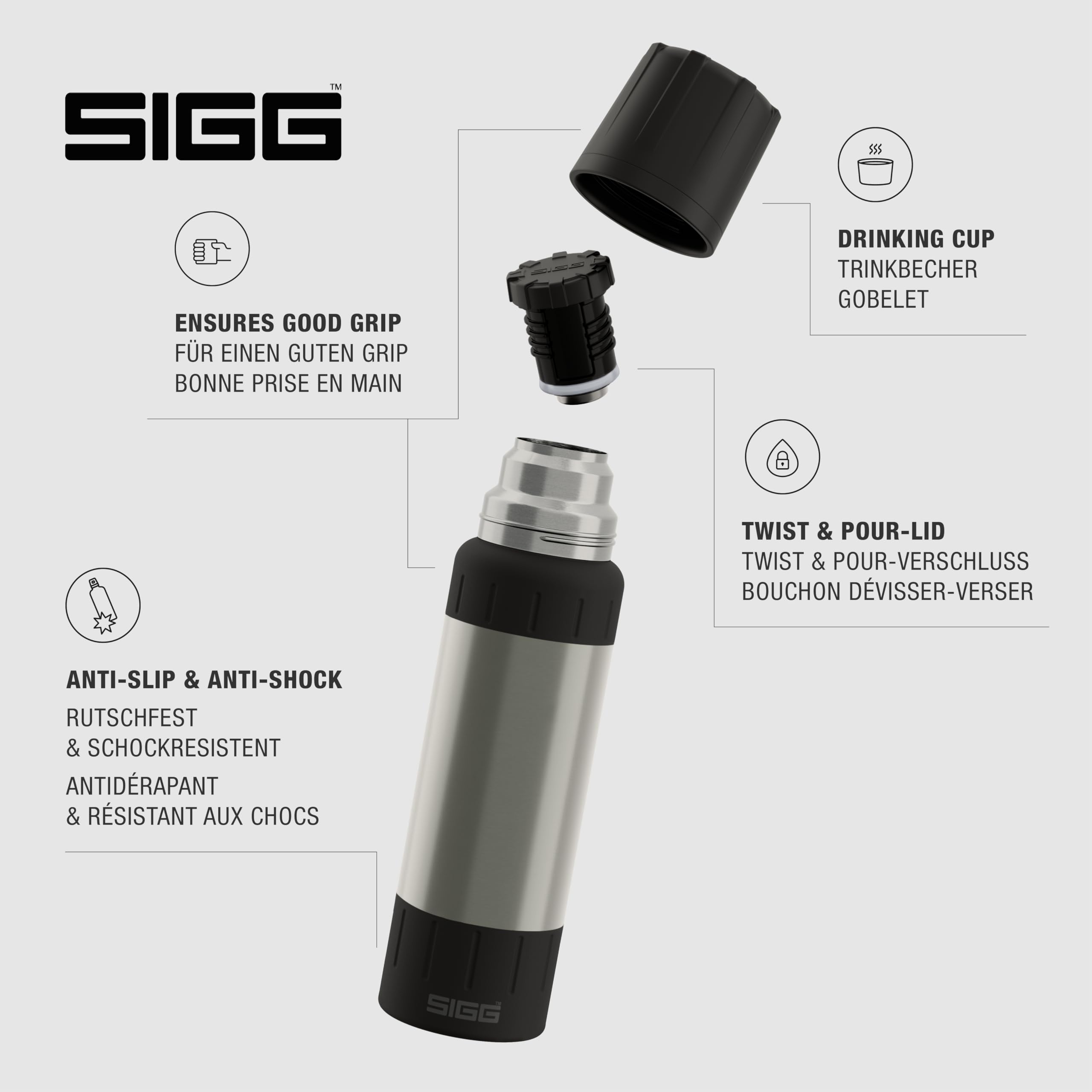 SIGG – Gourde Isotherme 1L – Alpine Star, avec Gobelet – 27h Chaud, 100h Froid – Compacte & Robuste – Étanche – Sans BPA – Avec Extra Grip Pour Outdoor, Camping & Randonnée – Acier Inoxydable Brossé