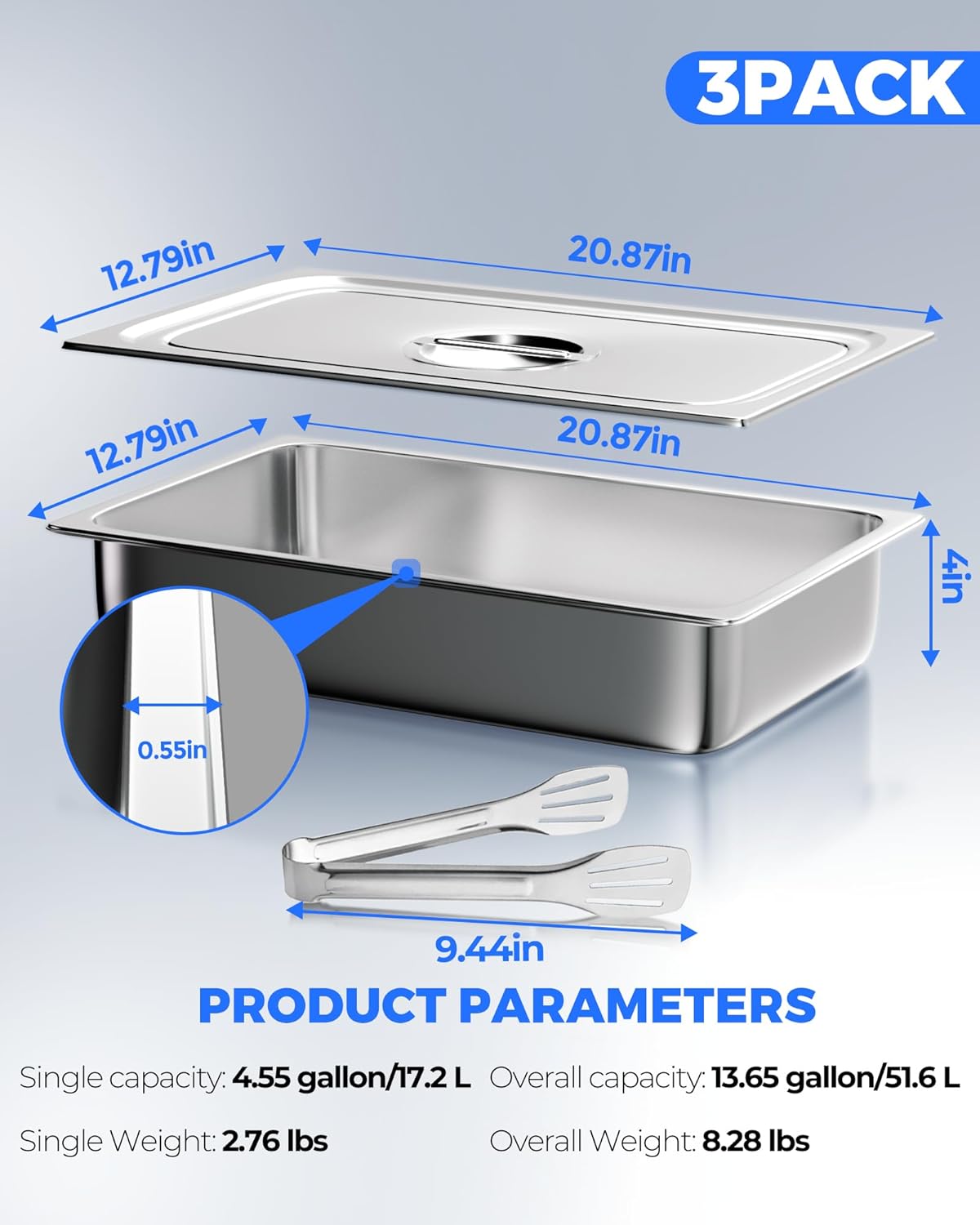 WantJoin Steam Table Hotel Pans with Lid 1/1 Full Size 4 Inch Deep 3 Pack, Thickened Stainless Steel Metal Tray Sets Food Storage Container for Commercial Restaurant Buffet Chafing Dishes Catering - Image 6