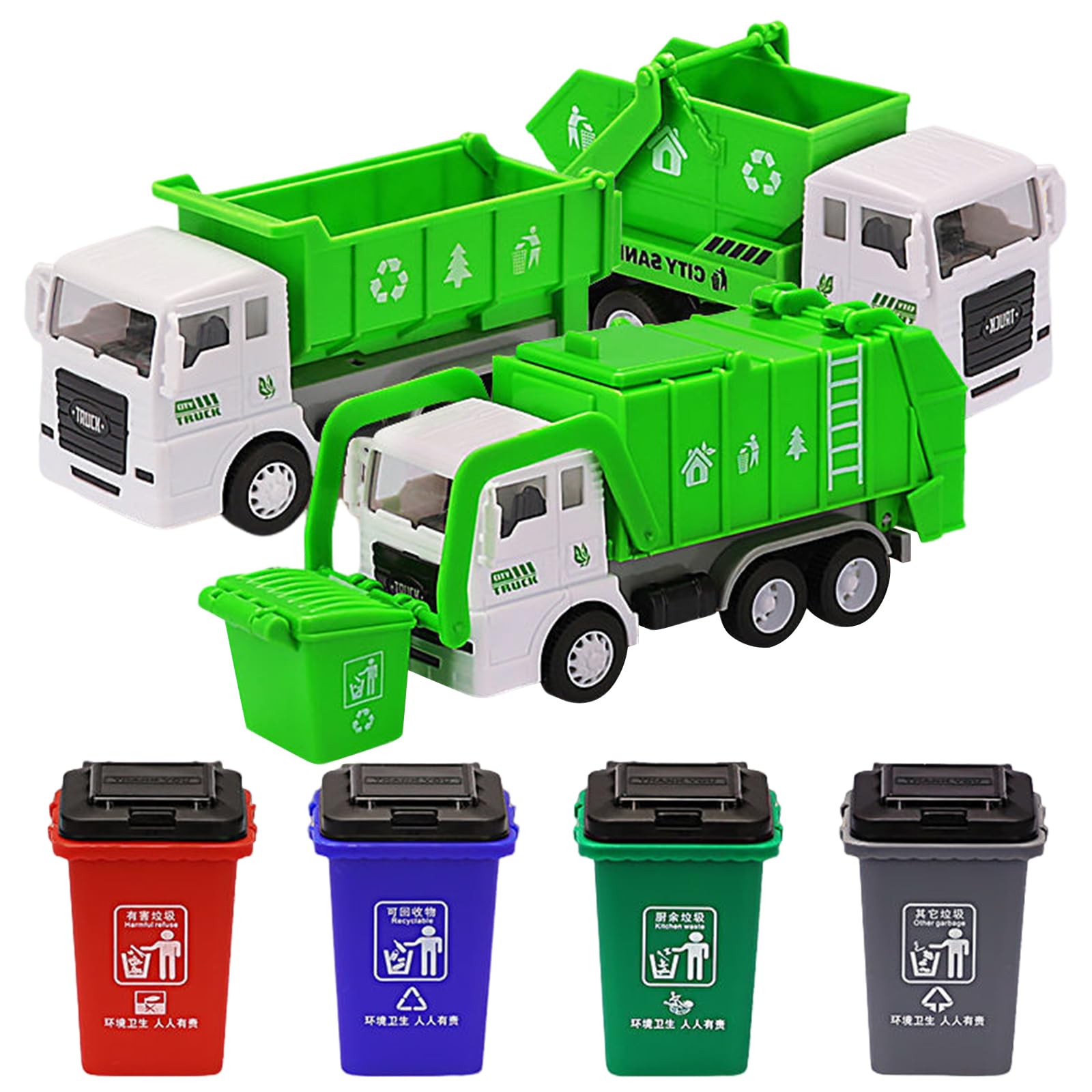 Jorzer Garbage Truck Toys with 3 Trash Truck & 4 Trash Bins, 1 Set Realistic Educational Interactive Toy for Boys Age 3+ Toddlers Kids Holiday Birthday Gift
