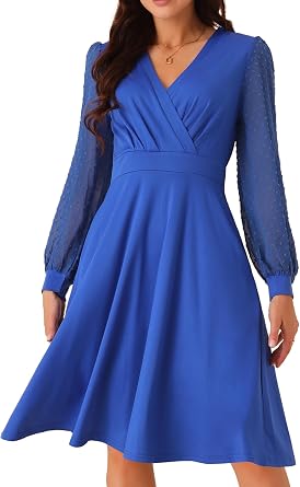 Seta T Womens Long Sleeve Wrap Dresses V Neck Elegant Cocktail Party Work Knee Length Dress with Pockets