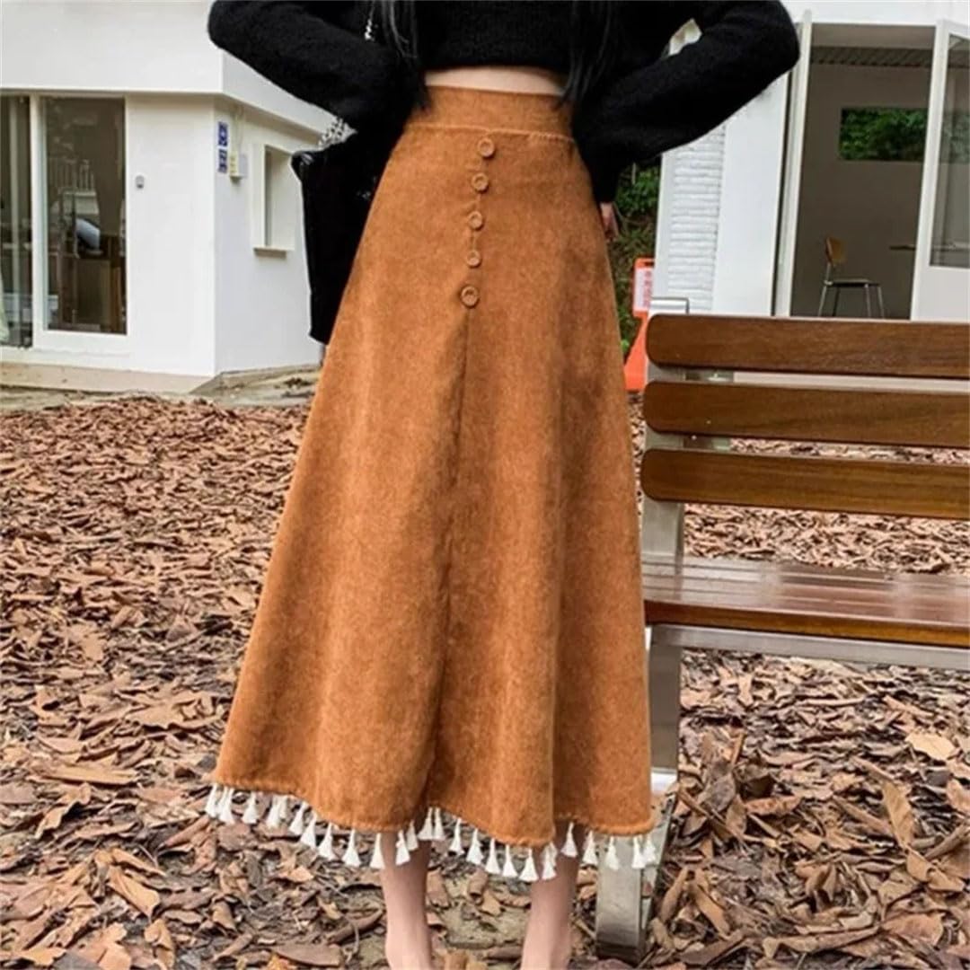 Donne Inverno Solido Allentato Nappa Pulsante Velluto A Vita Alta A-Line Retro Gonne al Ginocchio