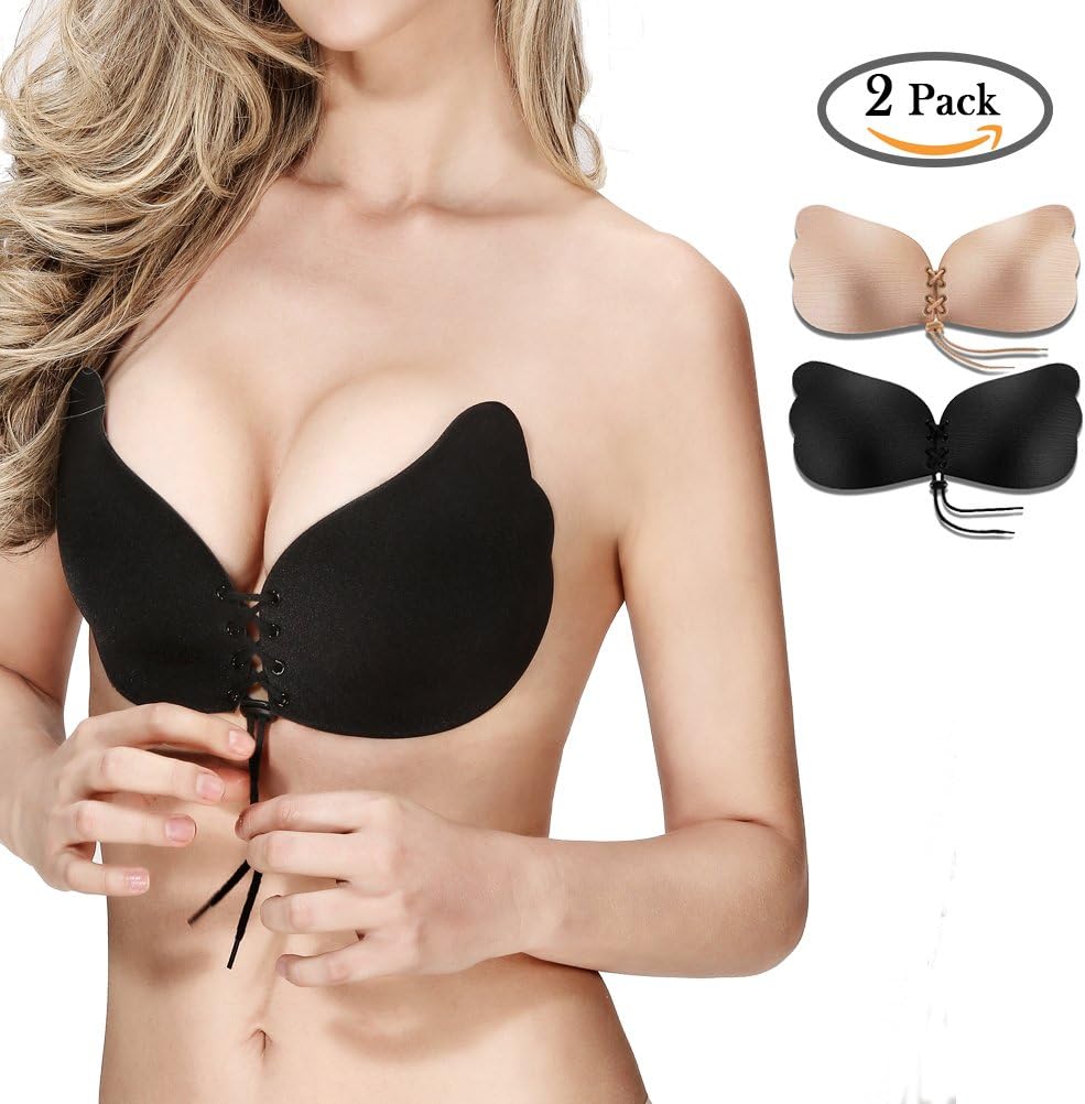 2 Pack Women Sexy Self Adhesive Bra Invisible Butterfly Backless Strapless Silicone Reusable Sticky Push up Bra (C Cup, A Black & A Beige)