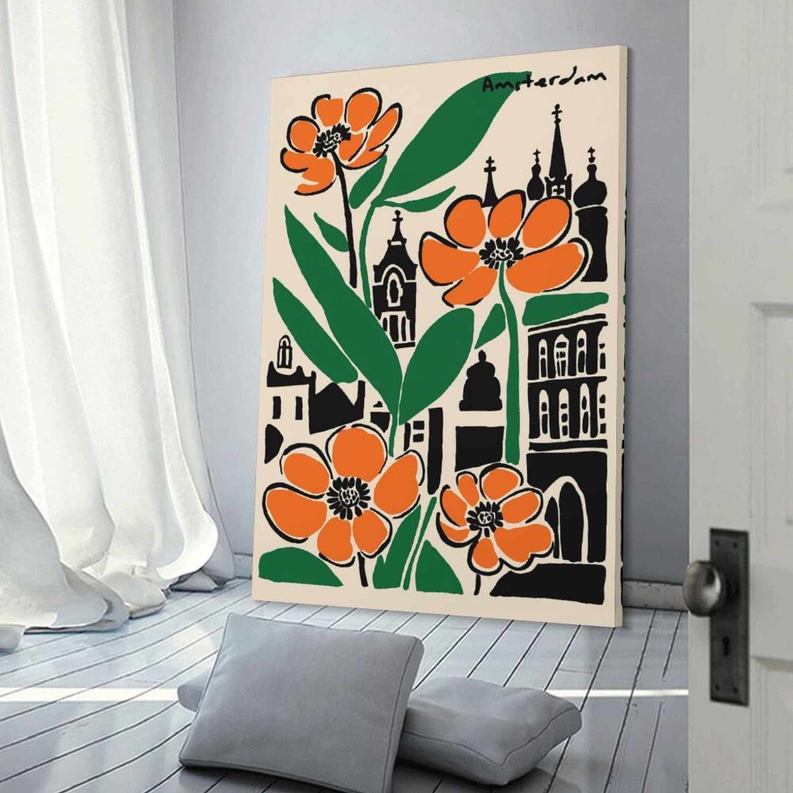 Junmoney Amsterdam Flowers And Buildings Illustration Canvas Wall Picture, 12x18inch(30x45cm), for Picture Wall Styling in Lounge Or Bedroom, An Easy Match for Collected Prints