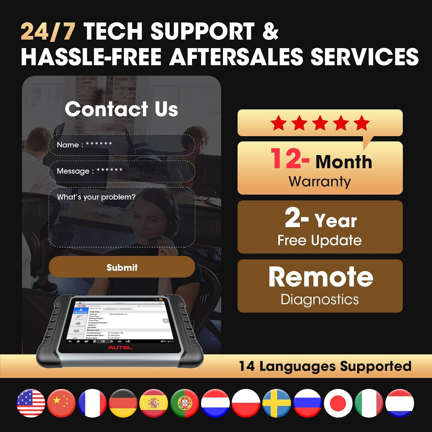 Image showing 24/7 tech support, 12-month warranty, 2-year free update, remote diagnostics, and support for 14+ languages.