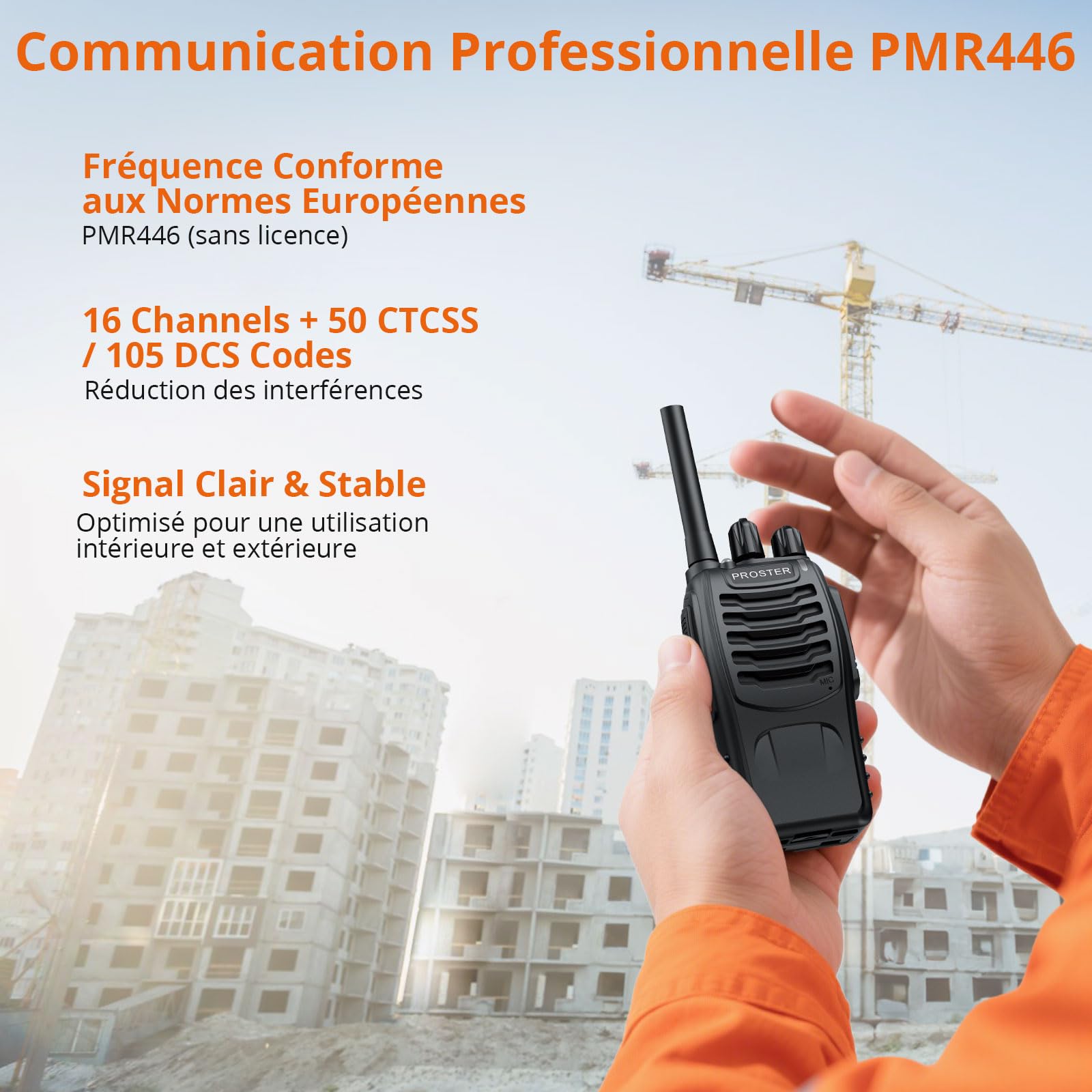 Proster Talkie Walkie Longue Portée Rechargeable avec Écouteurs （5PCS） | PMR446 Sans Licence, 16 Canaux, 1500mAh 10H Grande Autonomie, Portée Stable 1,5km, VOX Mains Libres et Lampe Torche