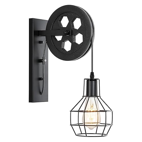 1-Light Rustic Wall Light Lift Pulley with Matte Iron Cage