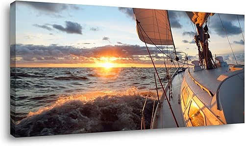 Lienzo decorativo para pared de yate en el mar al atardecer, para sala de estar, baño, vista de primer plano de la cubierta, mástil, velas,