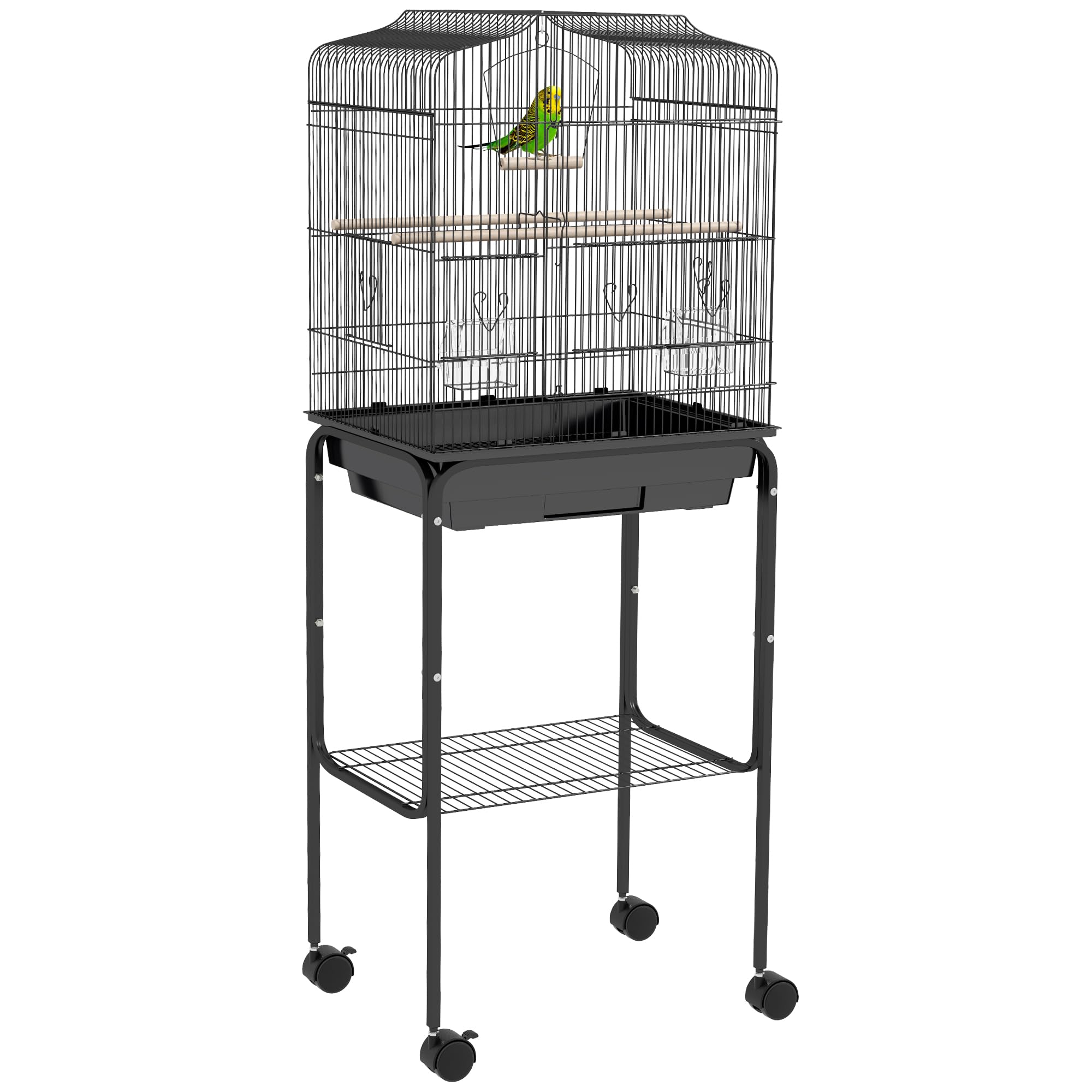 PawHut Jaula para pájaros para periquitos con ruedas de soporte, color negro, 46,5 x 36 x 124 cm | Jaulas para periquitos, para pinzón canario, bandeja deslizante, estante de almacenamiento de accesorios