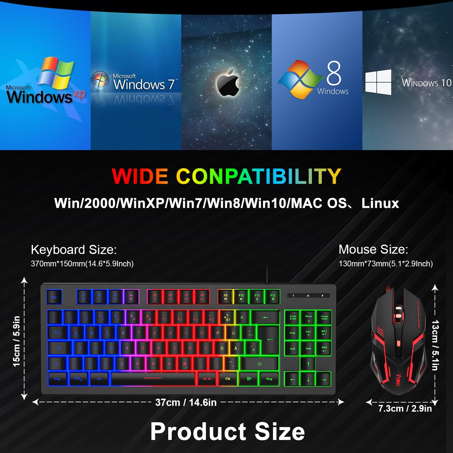 Tastatur und Maus Set, QWERTZ DE Layout 75% TKL Tastatur, RGB Beleuchtete Tastatur, 4 Farben Ergonomische Gaming Maus, Kabelgebundene Gaming Tastatur Maus mit Mauspad für PC, Mac