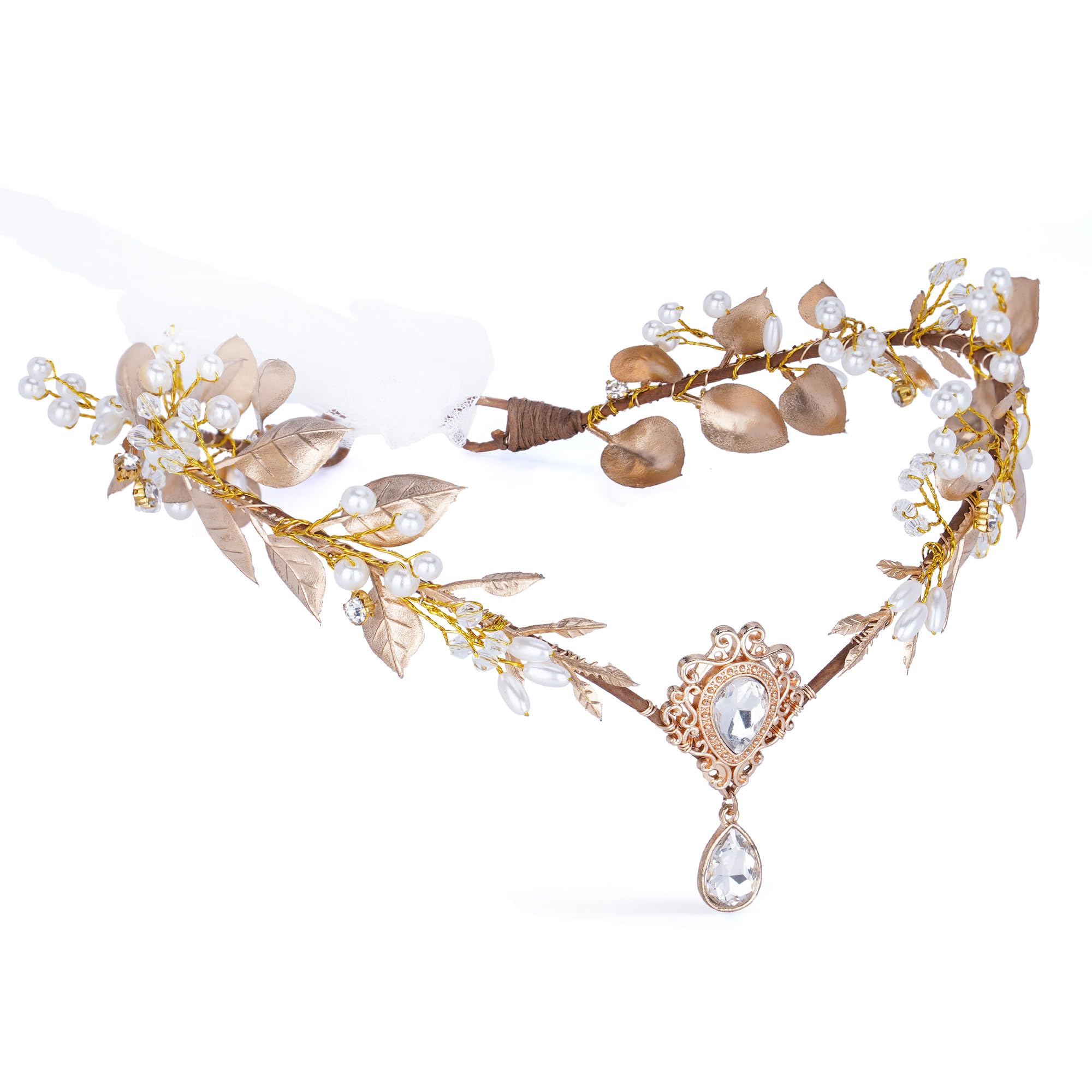MOSTORY Flower Crown Elf Headdress for Renaissance Costume Women, Gold Leaf Headdress for Forest Fairy Costumes Carnival Halloween Book Day May Day Festival Hair Accessories