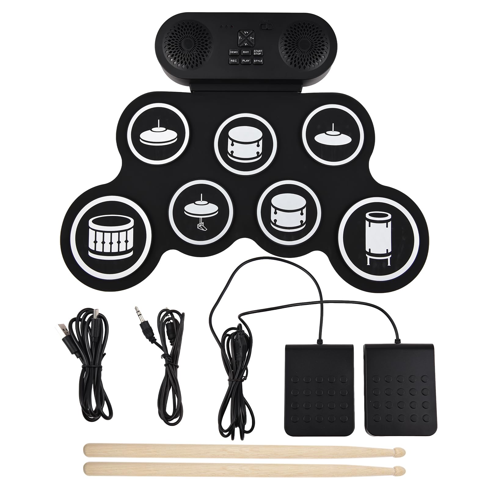 Tambor electrónico Pad Set, Hand Roll Drum Set 7 Pads con Doble Altavoz 7 Estilos de Batería 6 Ritmos 10 Canciones de Demostración, Portátil de Práctica Pad Drum Kit con Baquetas
