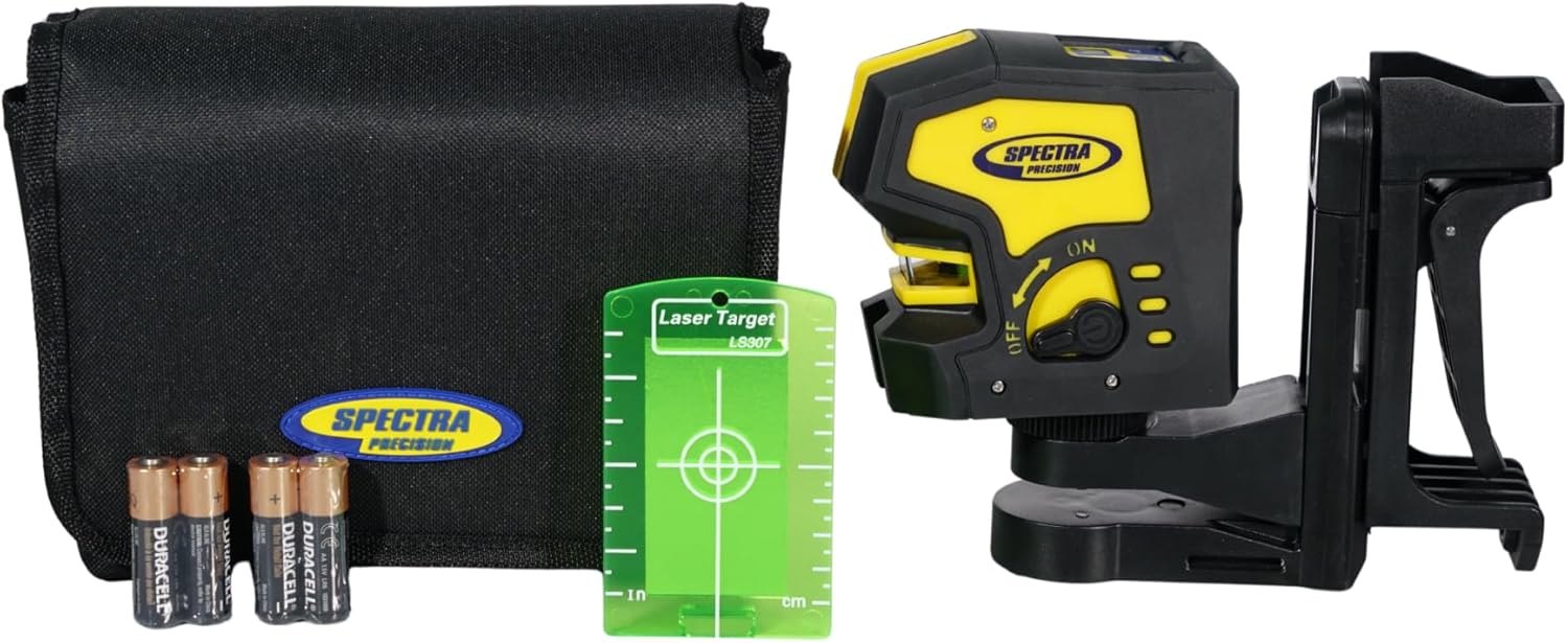 Spectra Precision LT20XG Self-Leveling Green Beam, Crossline Laser with Bracket, Target, Pouch & Alkaline Batteries — ±⅛″ Accuracy, Rugged Overmold, Wide Fan Beam