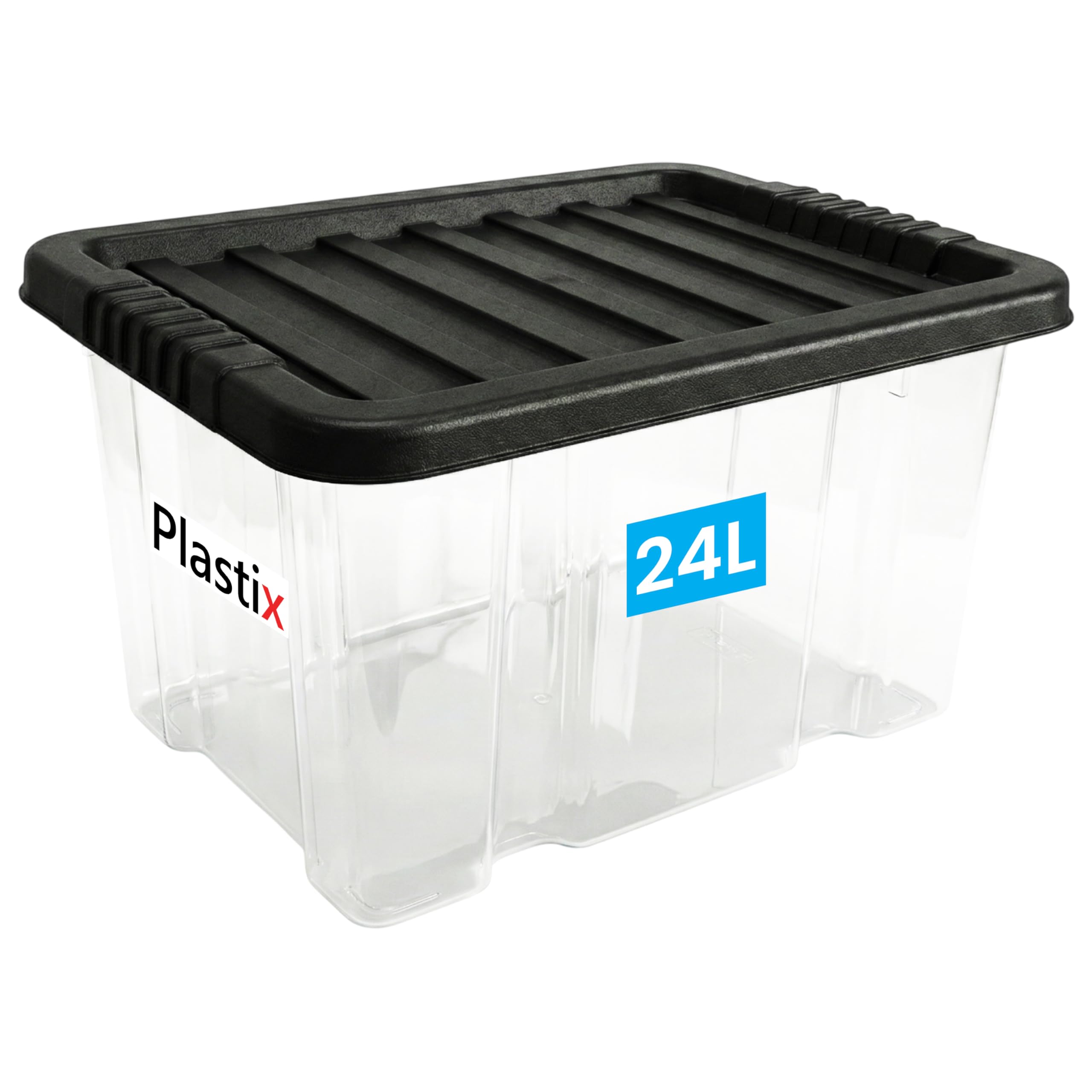Plastix Clear Plastic Storage Box Boxes With Black Lids Home Office Stackable UK Made (1, 24L)