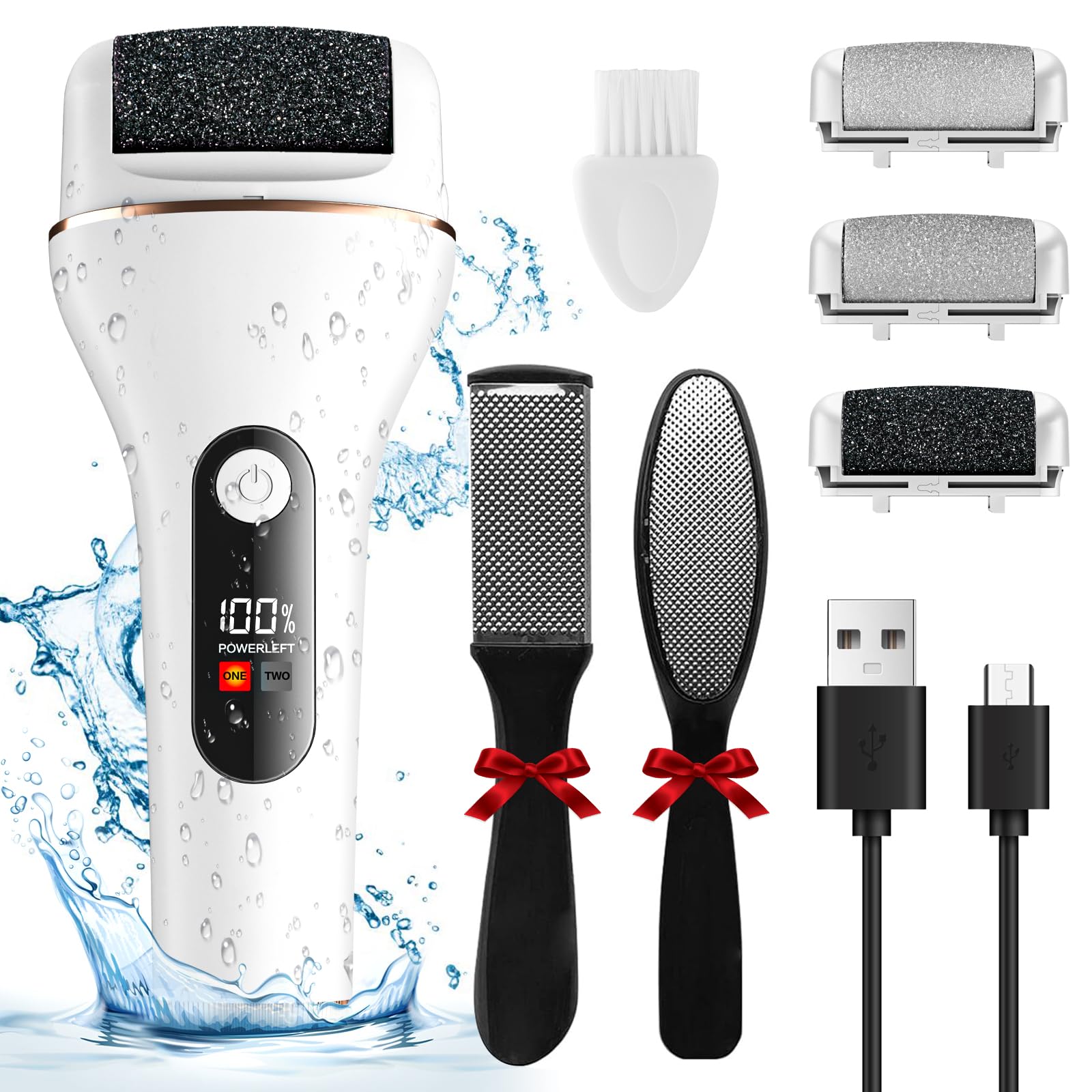 Lima Eléctrica Pies Durezas,Ribitek Profesional Quita Durezas para Pies Electrico Callos Pies Eliminar,Lima Pies Durezas Eliminar Recargable e Impermeable con 3 Rodillos y 2 Velocidades