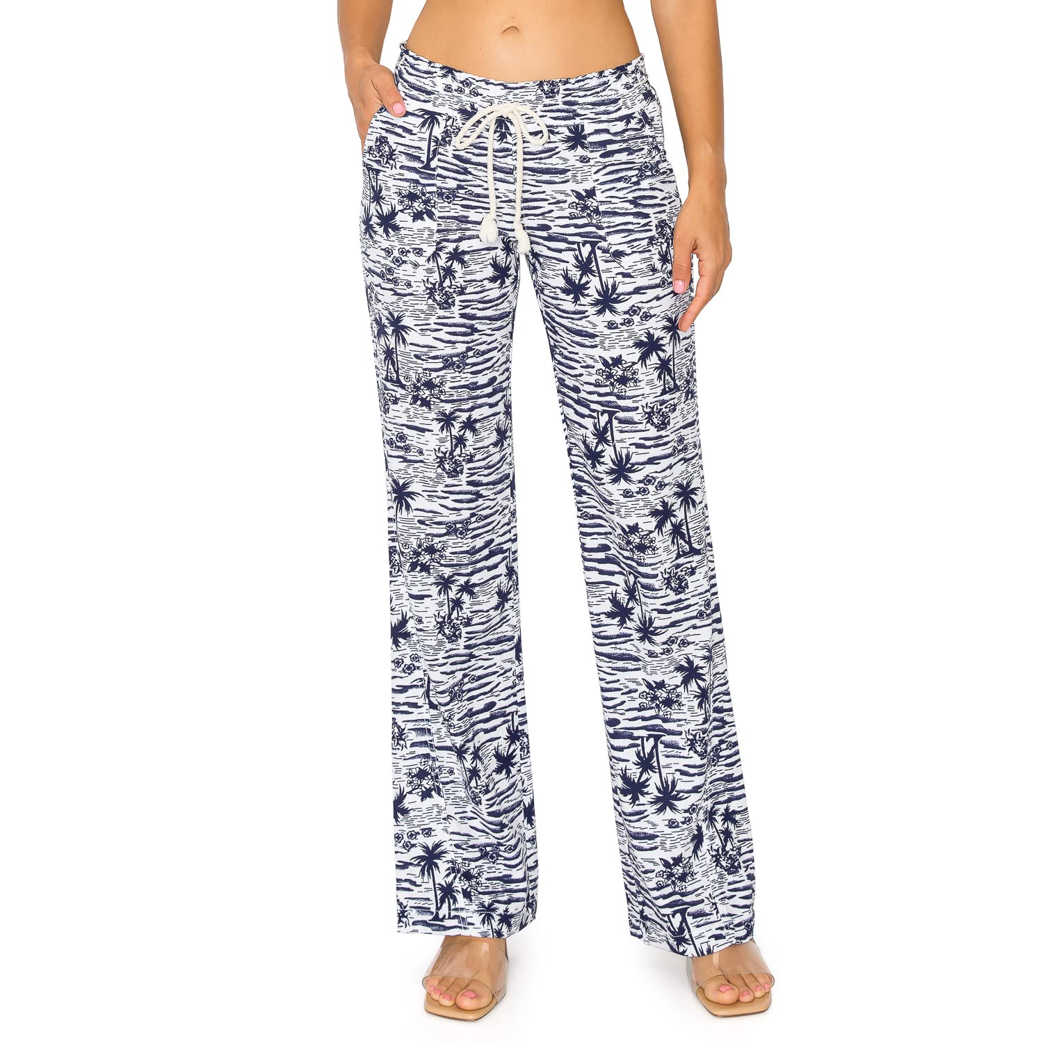 Cali1850Cali1850 Women's Casual Linen Pants - 32' Inseam Oceanside Drawstring Smocked Waist Lounge Beach Trousers with Pockets