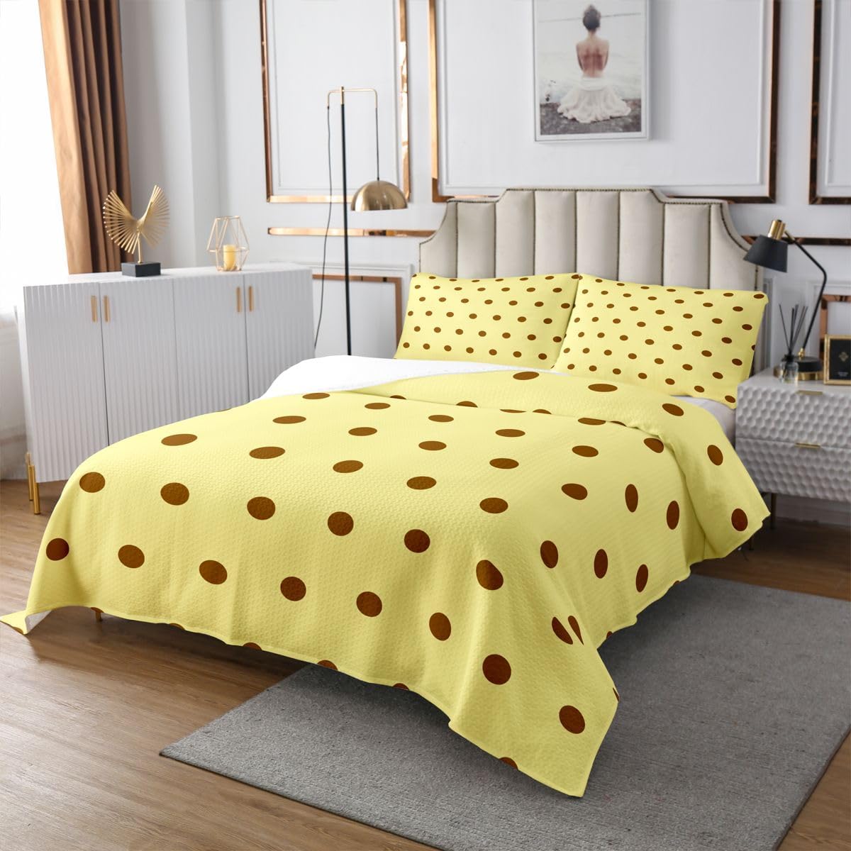 Castle Fairy Brown Polka Dot Quilt Sets King Size,Cartoon Circle Dot Bedspread Coverlet 3Pcs for Teens Women Adults Room Decor,Watercolor Dots Bedding QuiltsBeauty Vintage Coverlet Sets,2 Pillowcases