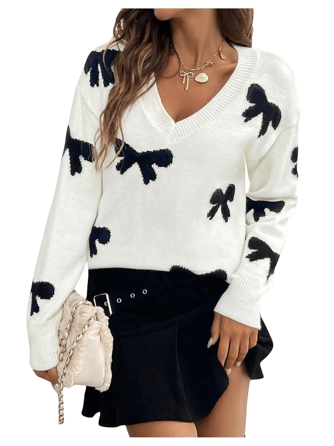 Womens Bow Print Sweaters V Neck Lightweight Sweater Long Sleeve Pullovers Knit Top