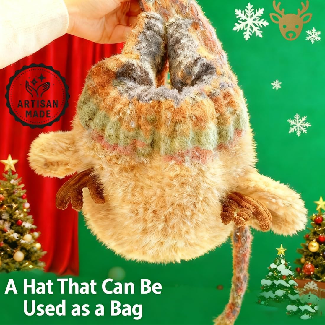 Christmas Antler Hat, 2-in-1 Reindeer Beanie & Handbag, Foldable Sheep Ears Warm Windproof Ear Protection Cap