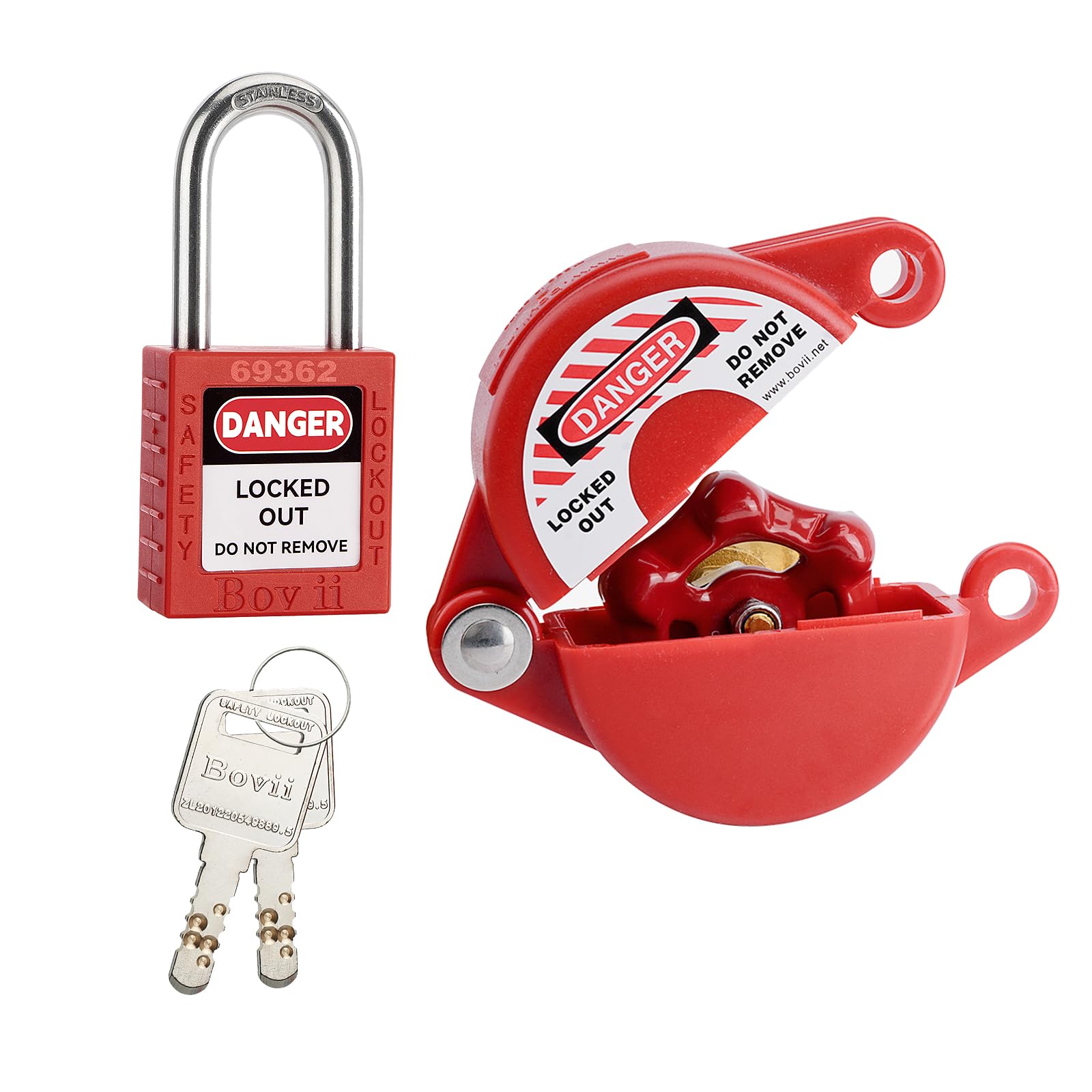 Outdoor Faucet Lock with Safety Padlock, 1set, ABS Plastic Red Secure Lock Device for Hose Bib/Hose Spigot/Propane Tank, Gate Valve Lockout for 1 to 2-3/4 in Dia Valve Handles, 3011＋1001