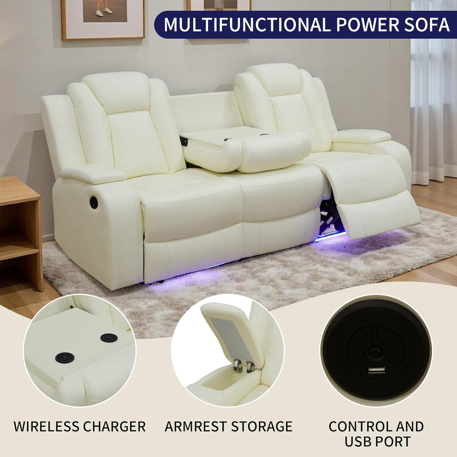 Power Recliner Sofa Set, Leather Reclining Sofa Sets with LED Lights, Living Room Furniture Set, Loveseat with Console Storage, Recliner Couch with USB Port (Sofa and Loveseat, White)