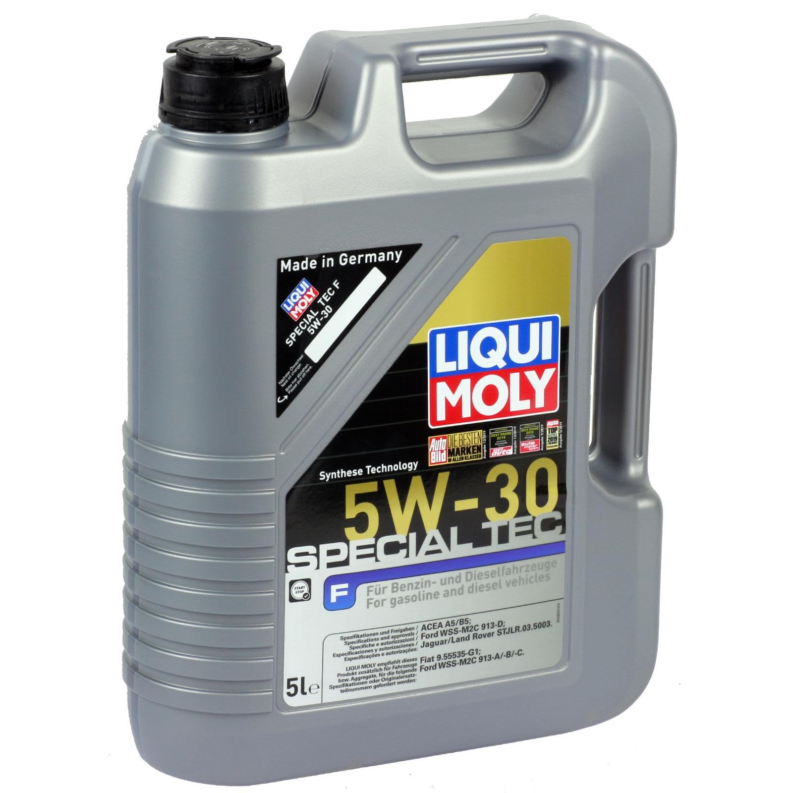 LIQUI MOLY Aceite de motor 5W-30 Special Tec Aceite sintetico ACEA A5/B5 F 5L Compatible con FORD Fiesta Mk6 Hatchback CB1, CCN, JA8, JR8 MONDEO IV Turnier BA7, NISSAN Qashqai II J11, J11, KIA, TOYOTA | 3853 / 2326, Special Tec F 5W-30