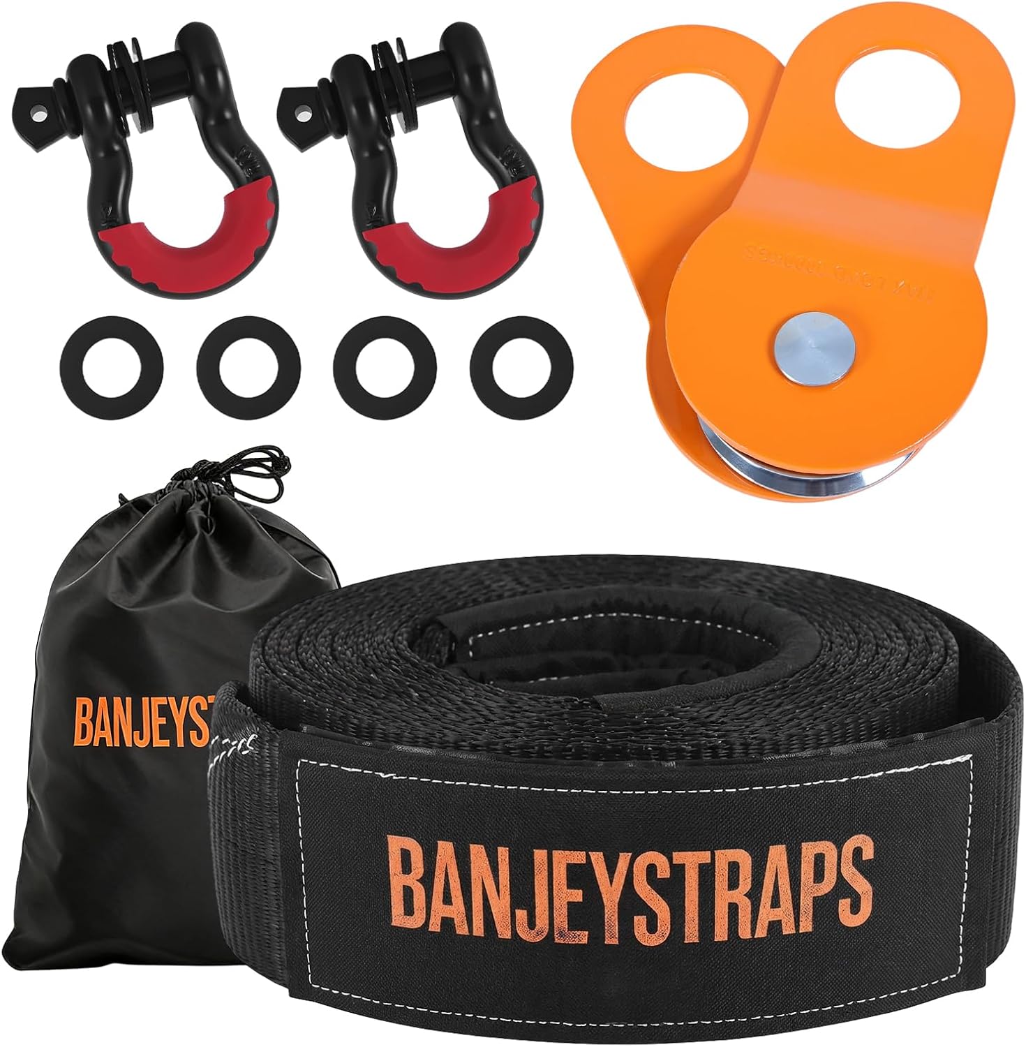 45,000 lb Black Recovery Tow Strap Kit with Snatch Block Pulley & 3/4" Shackles（2pcs） 4" x20' Heavy Duty Snatch Strap (Black)