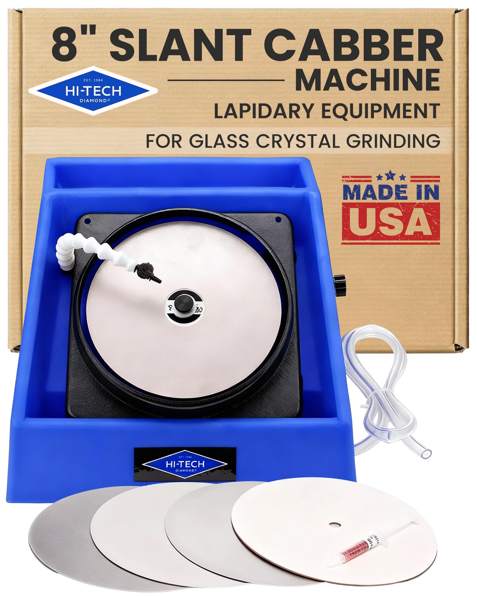 Hi-Tech Diamond 8" Slant Cabber - Lapidary Equipment Glass Crystal Grinding Flat Lap Machine Glass Polisher w/ Variable Speed Motor, Includes Polishing Kit for Glass and Crystals