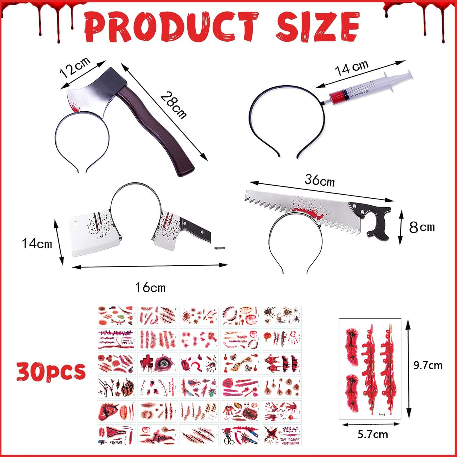 Set De 3 Diademas Terroríficas Para Halloween Con Cuchillo Y Hacha + 30 Pegatinas De Cicatrices - Para Disfraces Y Cosplay