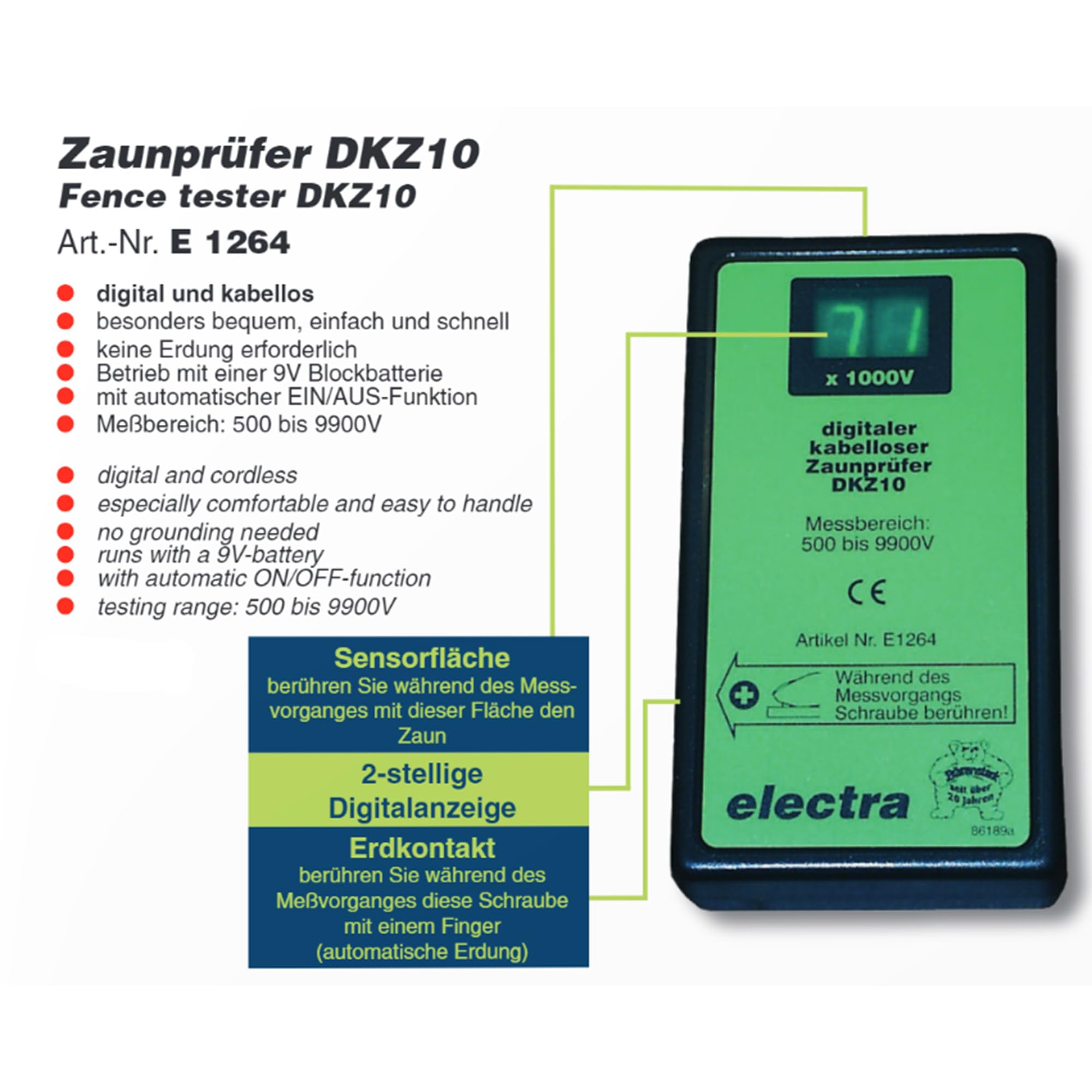 Electra, tester per recinzione Electra DKZ 10, 500 – 9900 Volt senza fili per recinzione ed elettrificatore