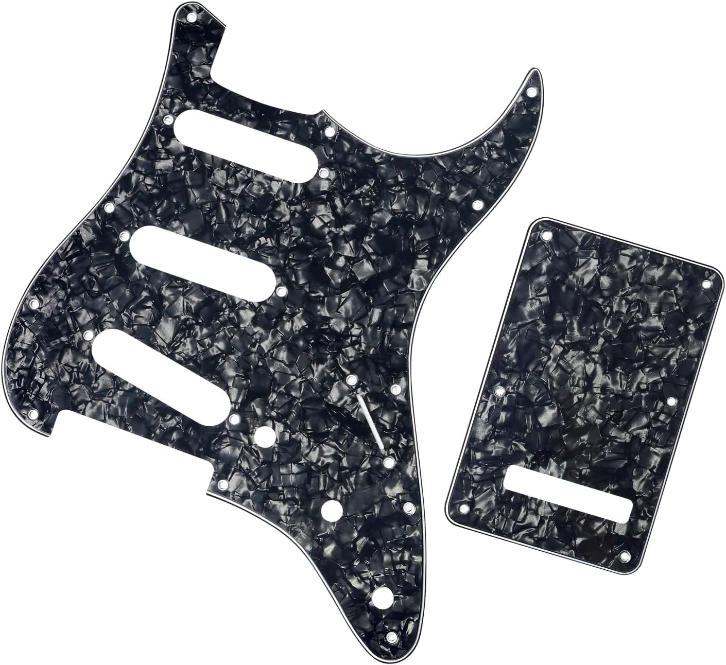 SSS 11-Hole Electric Guitar Pickguard & Backplate Set for Strat Style Guitars - 3-Ply PVC Scratch Resistant, Pre-Drilled Modern Style (Includes Screws) (Black Pearl)