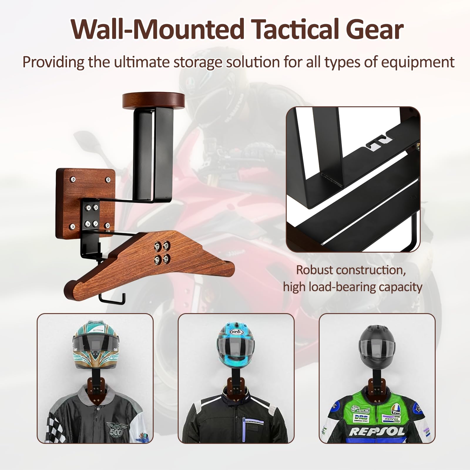 Porta Casco Moto da Parete, Struttura di Ancoraggio a Parete per Motociclette Calcio Sci e Tattico Moto Accessori Utili con Appendiabiti e Ganci