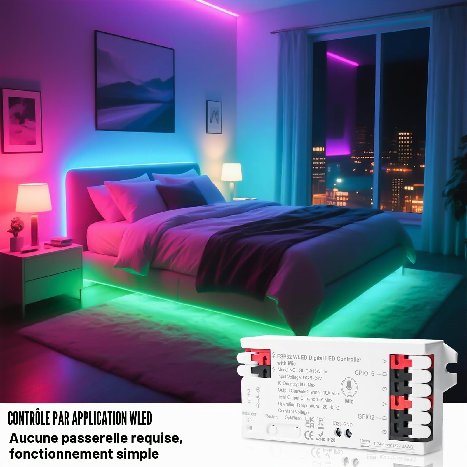Contrôleur WLED ESP32, bande LED adressable numérique avec microphone pour NeoPixel (WS2812B, WS2811, SK6812), DC5-24V, parfait pour les lampes numériques RVB et RGBW