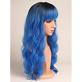 SYMEIW Blue Hair Wavy Wigs With Bangs For Women Synthetic Blue Wigs For Daily Use Everyday Wear.