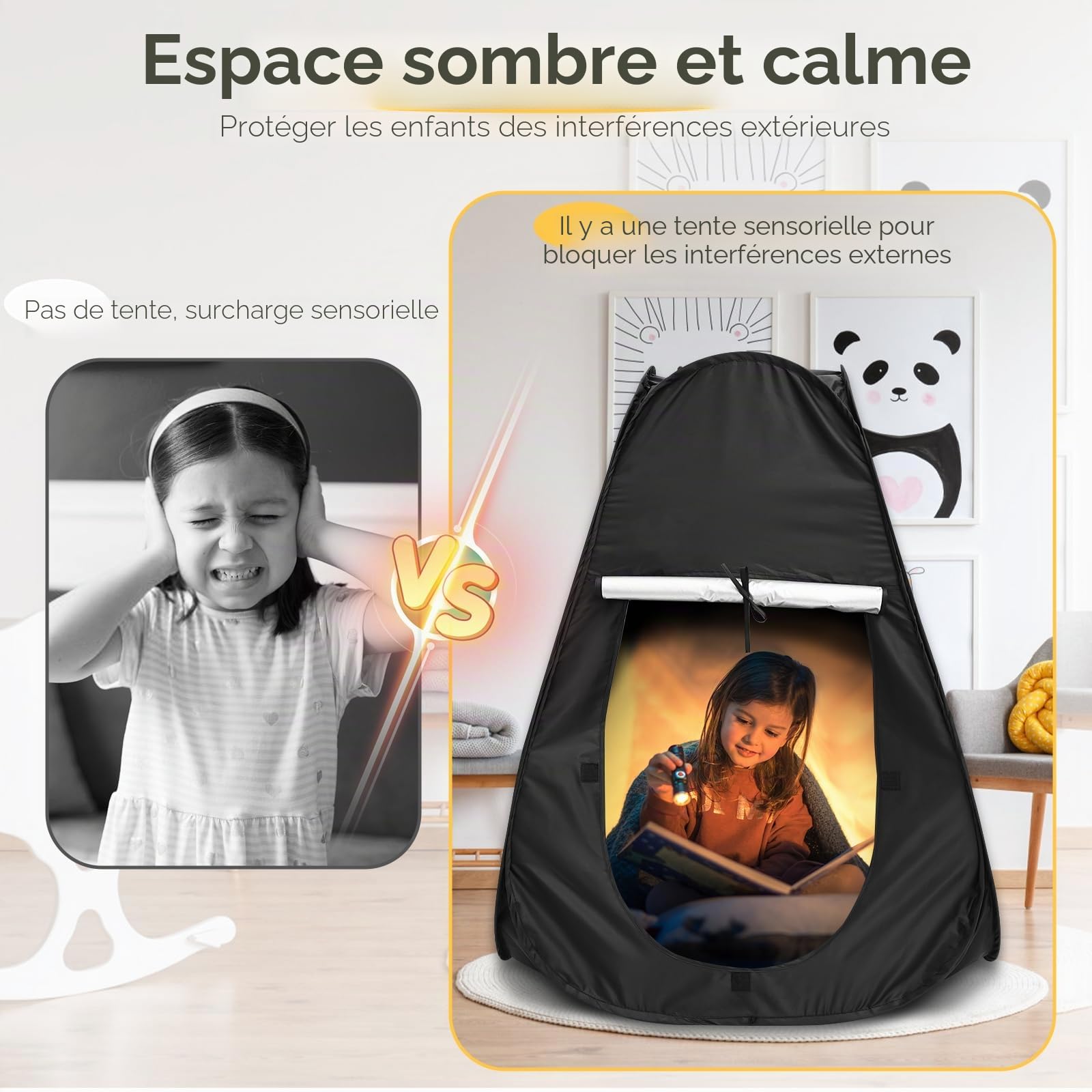 Tente sensorielle pop-up noire pour autisme anxiété SPD voyage maison école