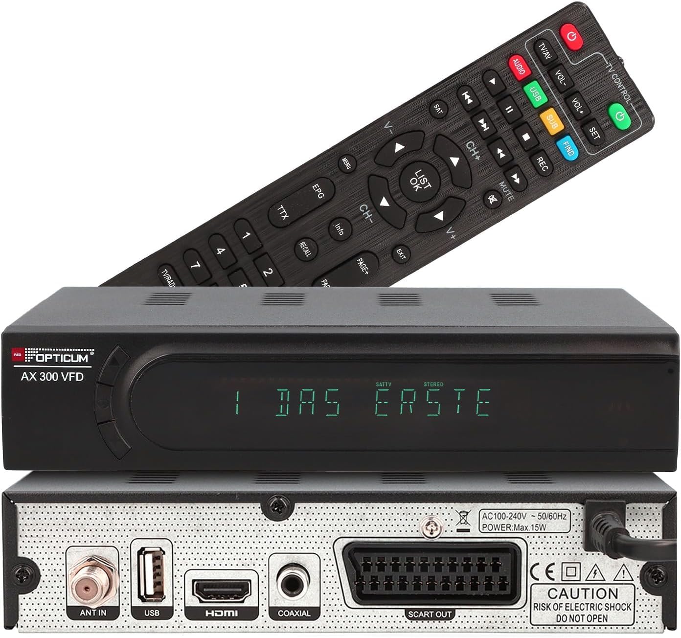 RED OPTICUM AX 300 VFD Sat Receiver mit PVR I Digitaler Satelliten-Receiver HD mit alphanumerischem Display - DVB-S2 - HDMI - SCART - USB 2.0 - Coaxial Audio I 12V Netzteil ideal für Camping