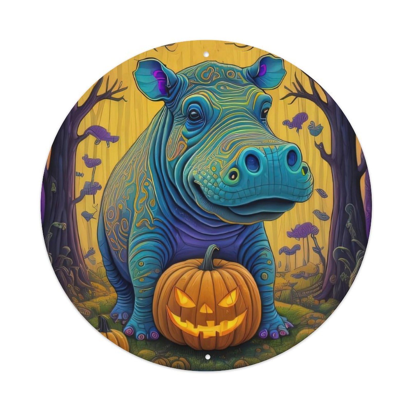 Animal Artwork Hippo & Pumpkin Vintage Metal Tin Sign Plaque Wall Decor for Cafe, Club Bar, Office, Garden Metal Poster 8x8Inch