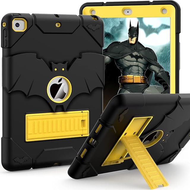 YIMIKOL for iPad 6th/ 5th Generation Case 2018/ 2017, iPad Air 2 Case 2014, iPad 9.7 Inch Case, Heavy Duty Shockproof Rugged Protective iPad 5 6 Gen Cover with Kickstand for Kids Boys (Black+Gold)
