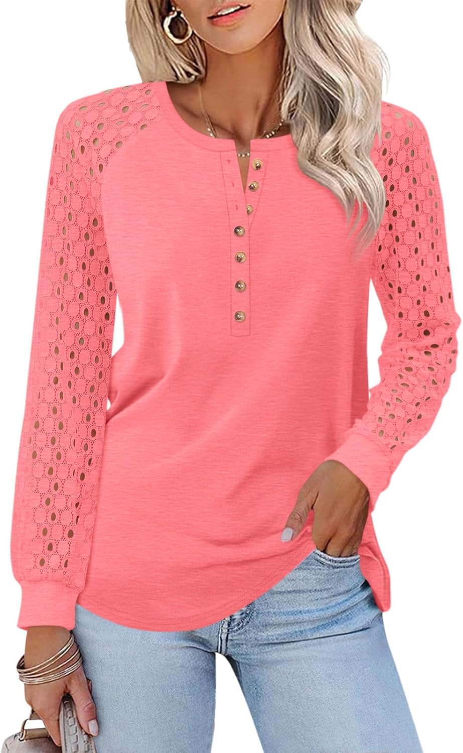 Minetom Women's Lace Long Sleeve Tops Henley Shirts Casual Blouses T Shirts Fall Clothes