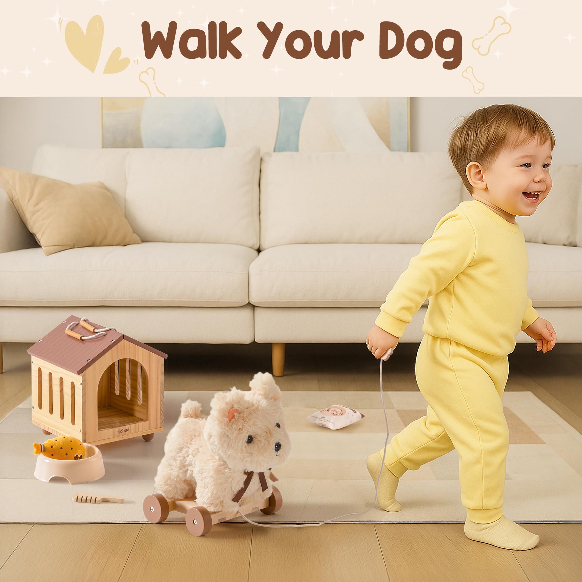 ROBUD Hund Spielzeug Kinder, 2-in-1 Nachziehtiere Spielzeug & Tierpflege Rollenspielset mit Holz Hundehütte & Abnehmbaren Rädern, Zubehör, Holzspielzeug Geschenk für Jungen Mädchen ab 2 3 Jahren