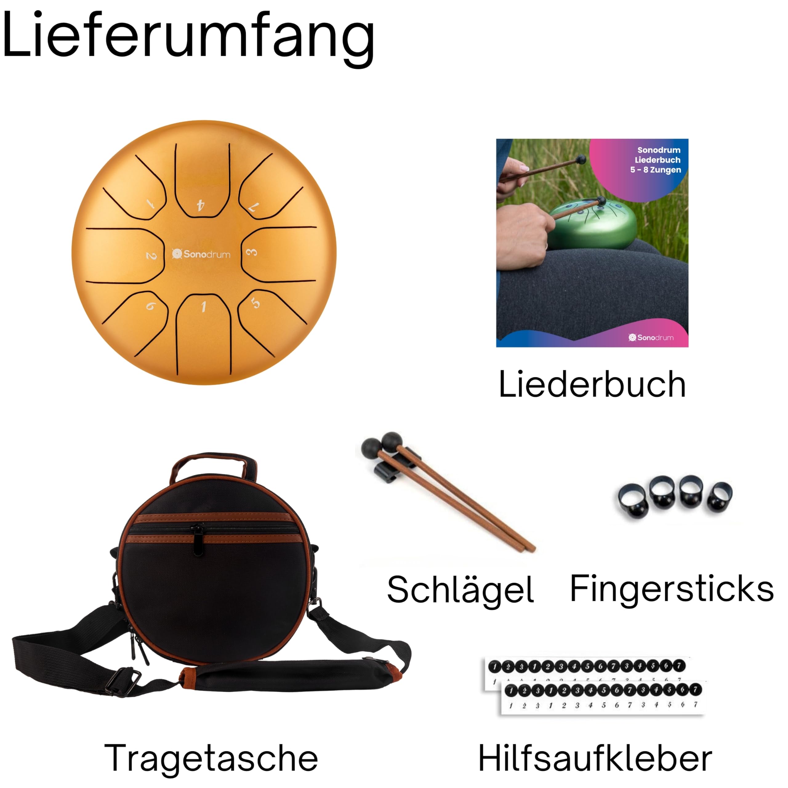 Zungentrommel "Standard" C - Dur in Gold - 20 cm klein mit 8 Tönen - Steel Tongue Drum inkl. Liederbuch, Schlägel, Fingersticks und Tragetasche - Notenlesen nicht nötig, einfach zu spielen.