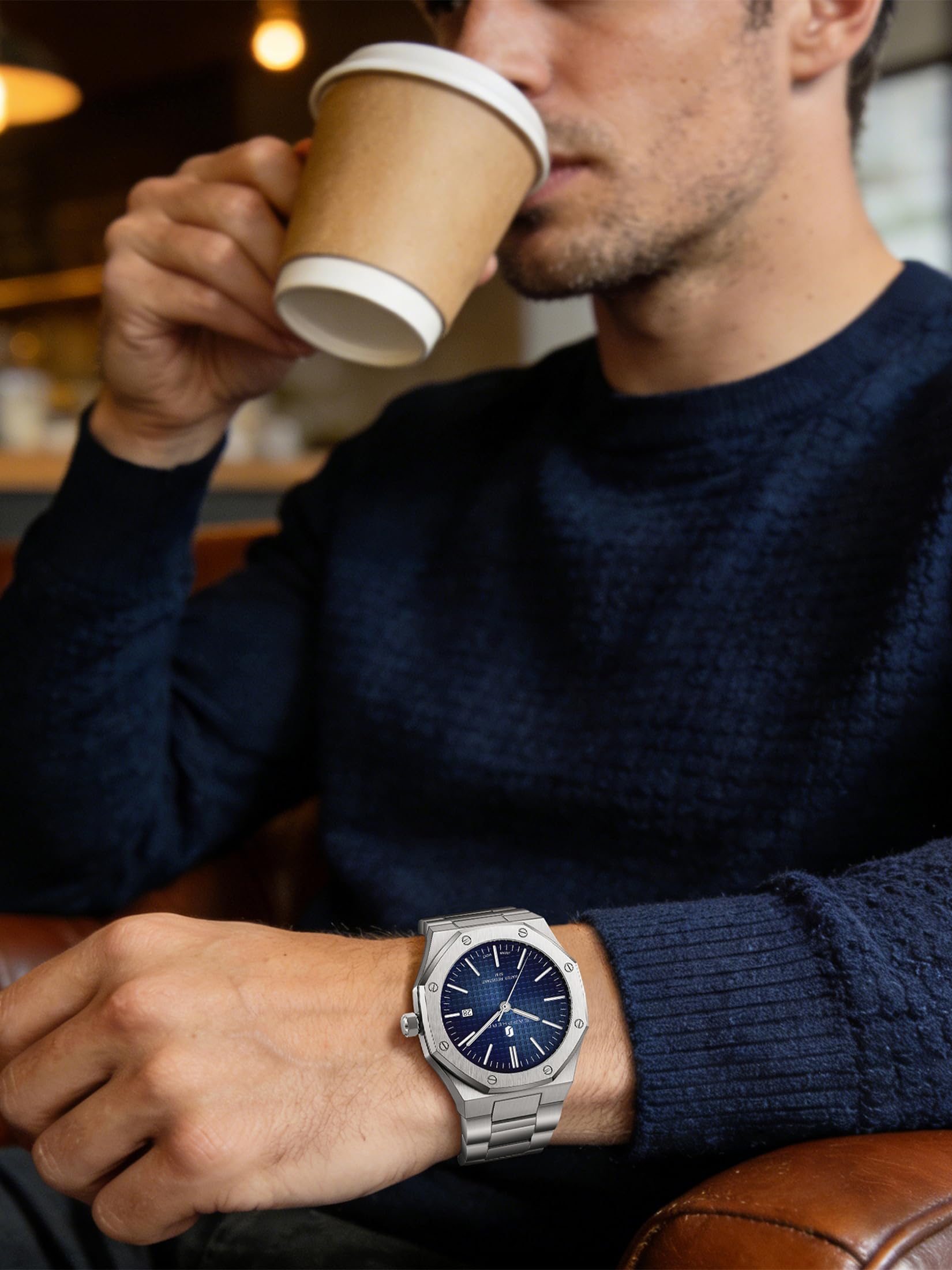 SAPPHERO Montre pour Hommes en Acier Inoxydable Montre Homme 50M Montres octogonales étanches Hommes Mouvement à Quartz Japonais Affaires décontractées avec Date et Fonction Lumineuse