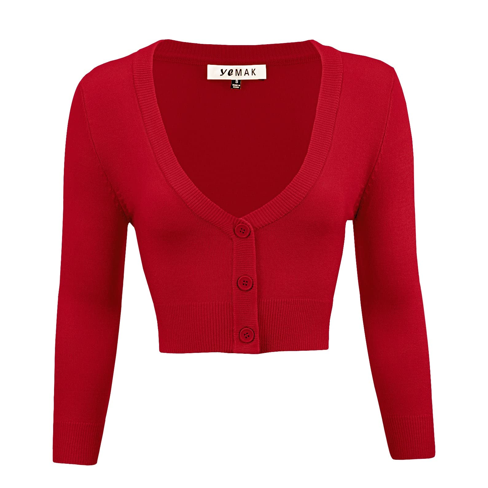 YEMAK Womens Cropped Bolero Cardigan 3 4 Sleeve V-Neck Basic Classic Casual Button Down Knit Soft Sweater Top