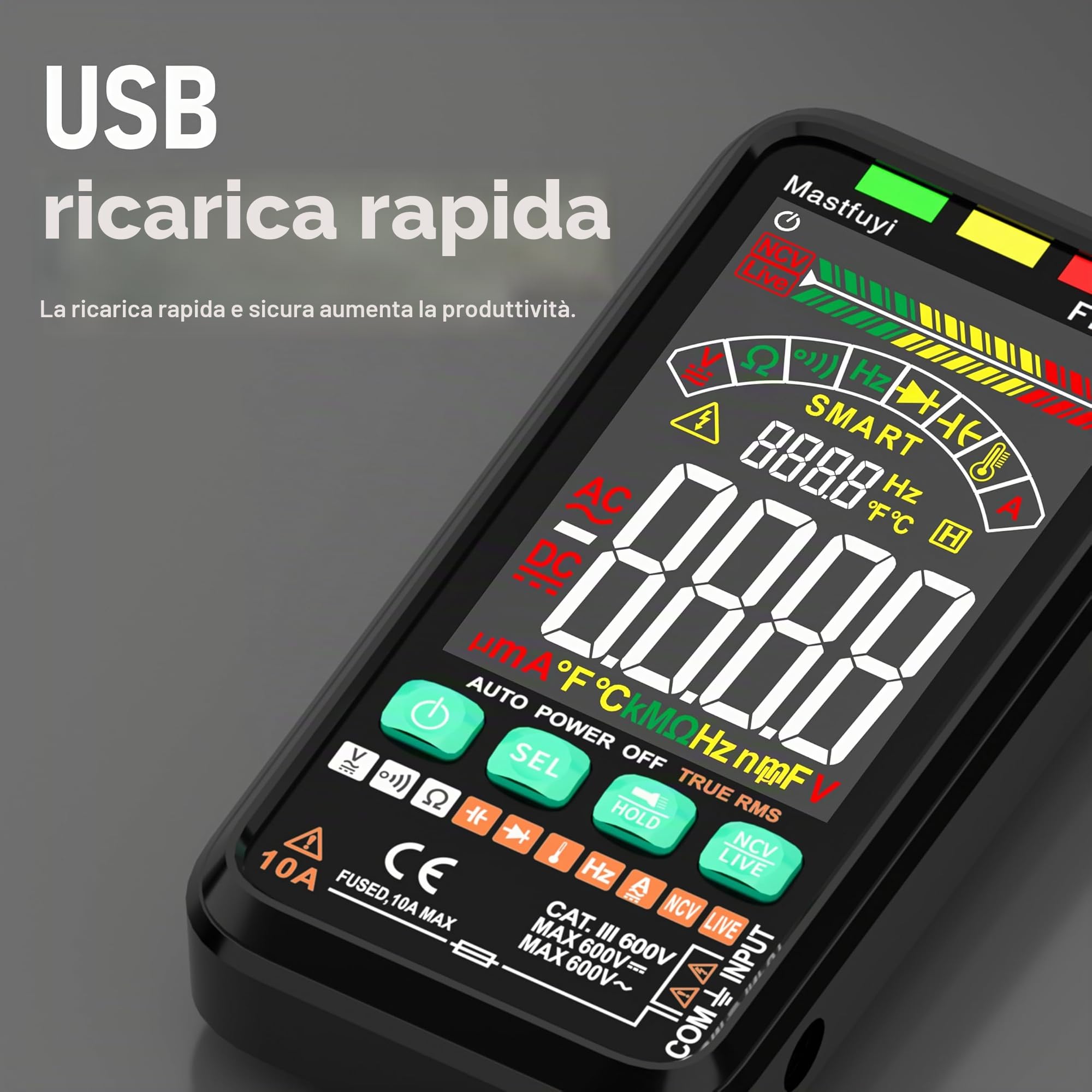 Multimetro, Tester Elettrico Ricaricabile, Multi-Tester Intelligente NCV, TRMS 6000, Protezione da Sovraccarico, Intervallo Automatico, Tensione, Corrente, Capacità, Continuità, Frequenza, Resistenza