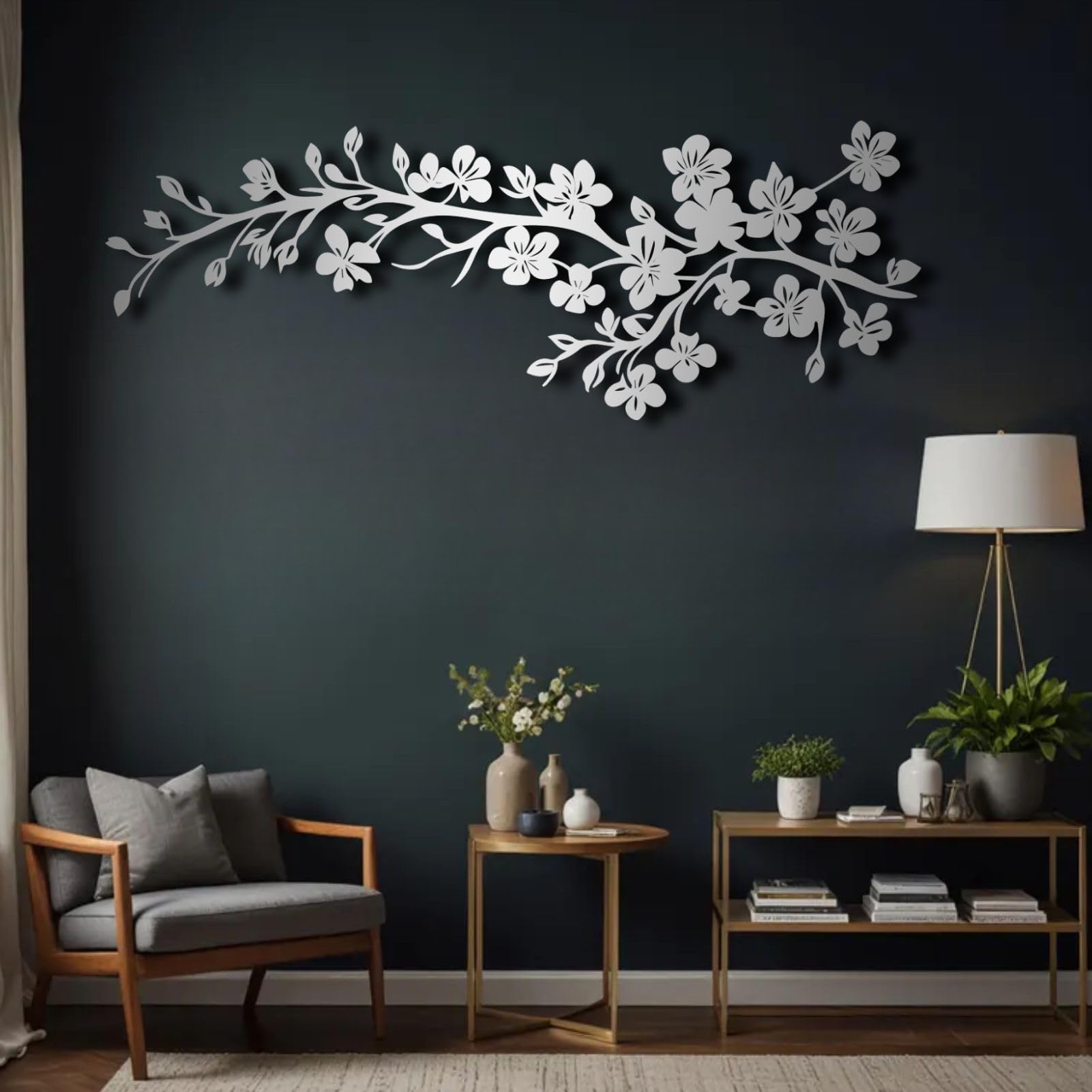 Arte murale in metallo con rami giapponesi per soggiorno, stile botanico